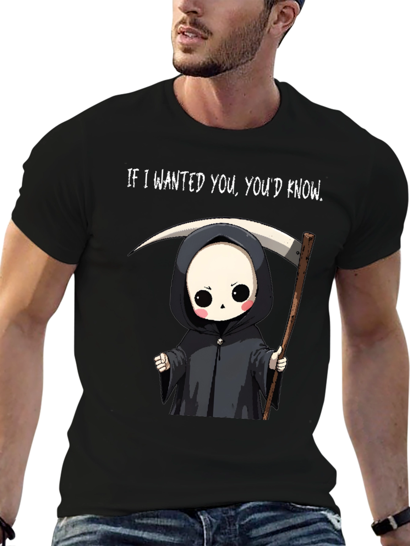 Black Grim Reaper Cartoon Graphic Tee - "If I Wanted You, You'd Know" view 6