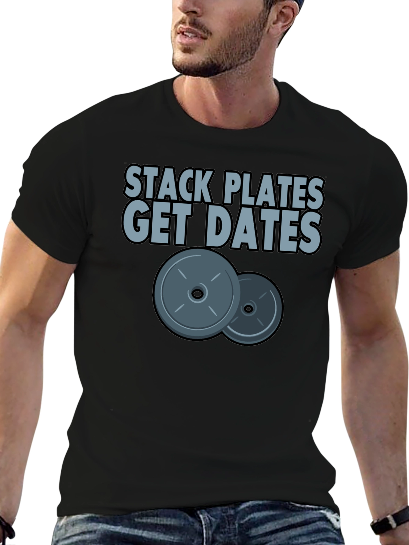 Black Stack Plates Get Dates Black Graphic T-Shirt Gym Workout view 6