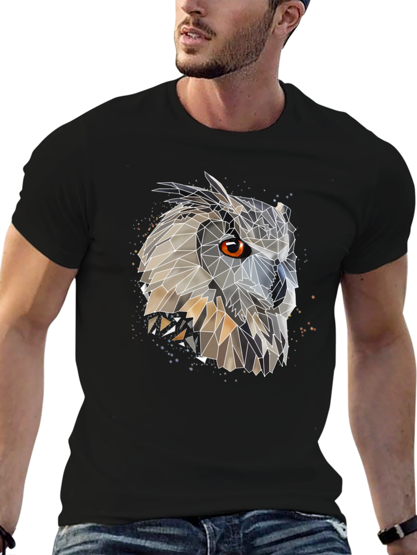 Black Geometric Owl Graphic Black T-Shirt view 6