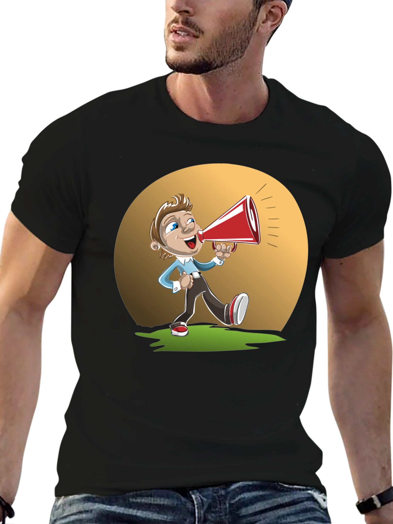 Black Cartoon Man with Megaphone Graphic T-Shirt view 6
