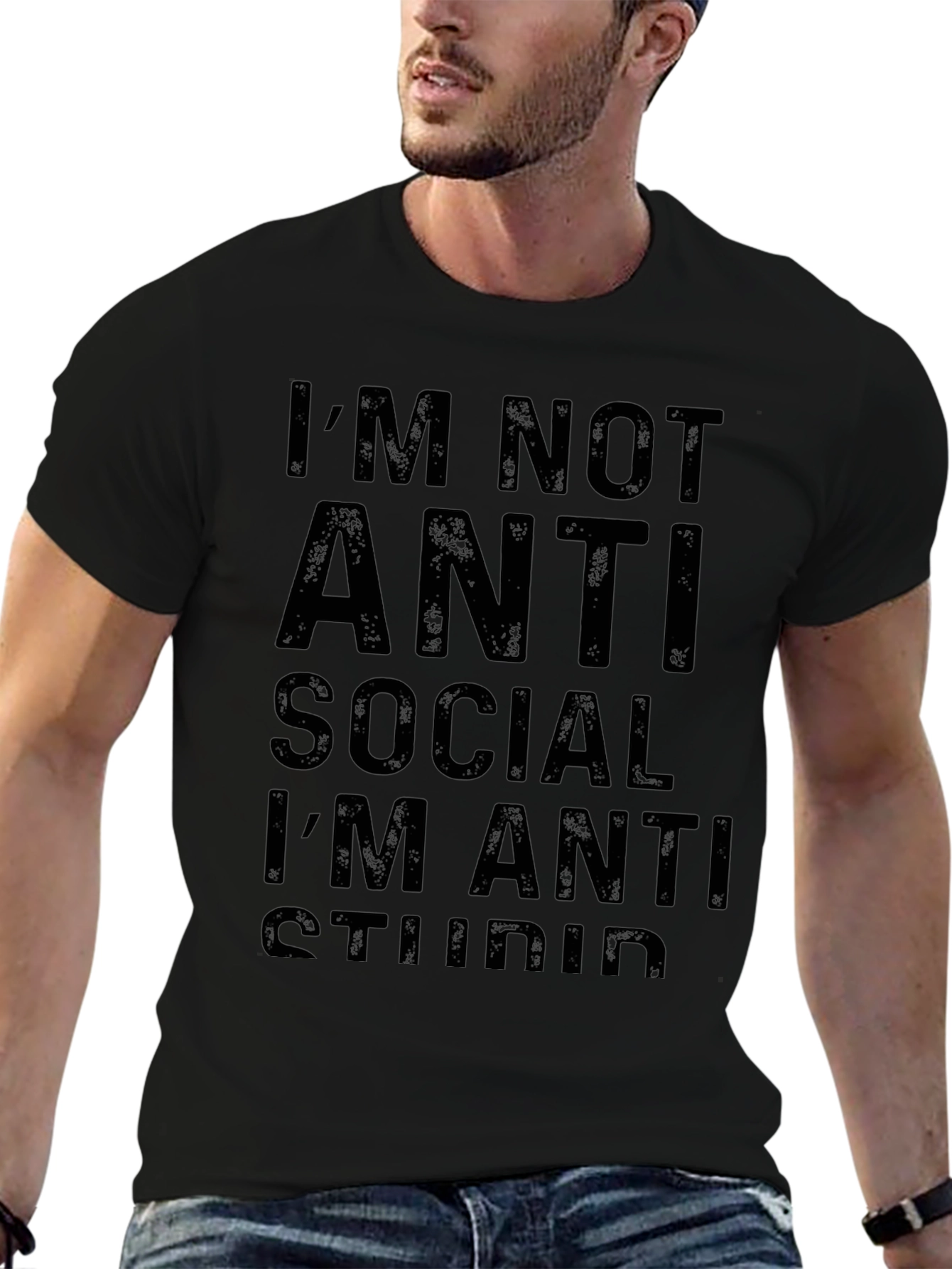 Black Anti Stupid T-Shirt - Black, Funny Slogan Tee view 6