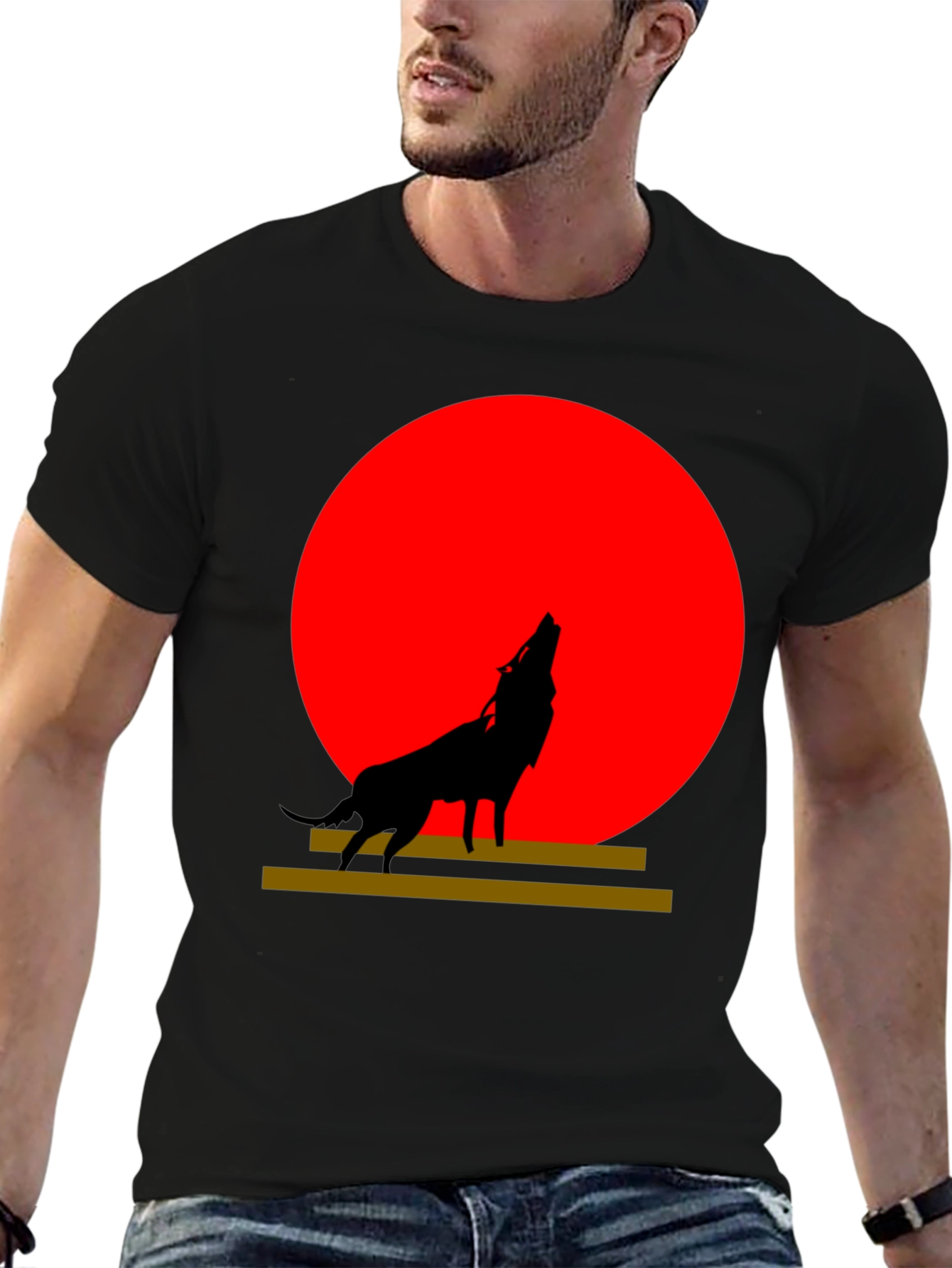 Black Wolf Silhouette Graphic Tee - Red Moon Design view 6