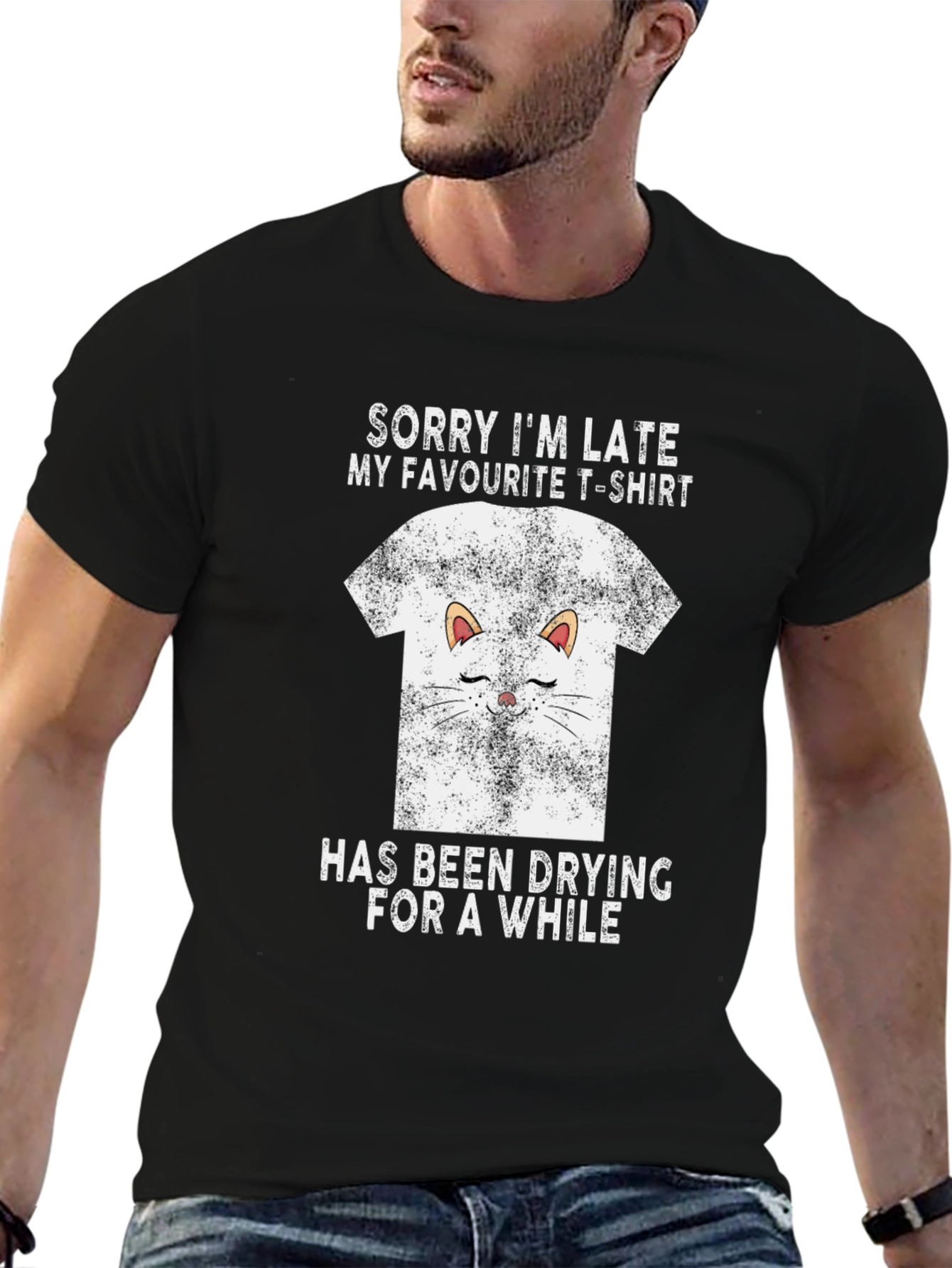 Black Funny Cat T-Shirt - Sorry I'm Late Graphic Tee view 6