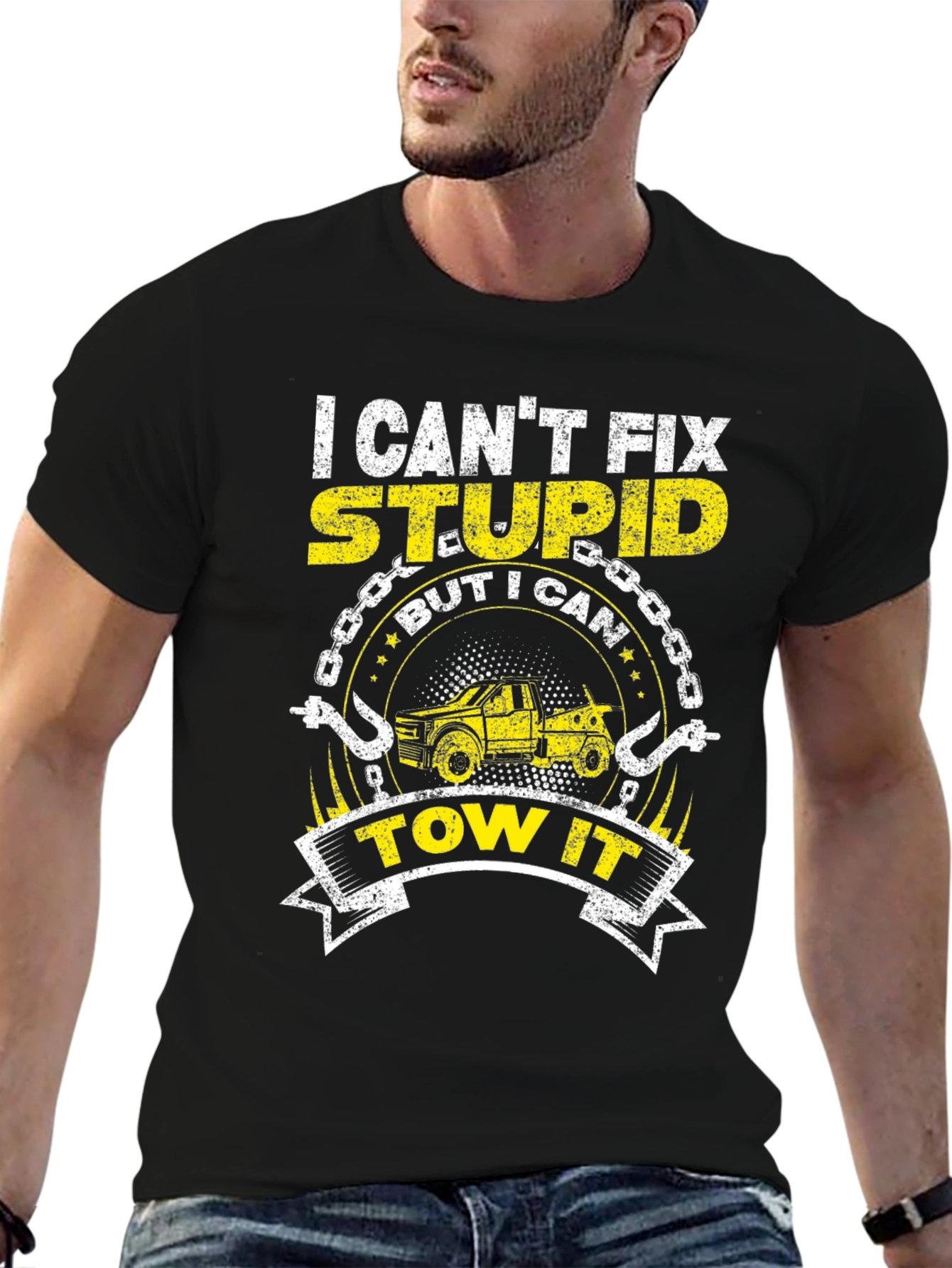 Black I Can't Fix Stupid Funny Tow Trucker T-Shirt view 6