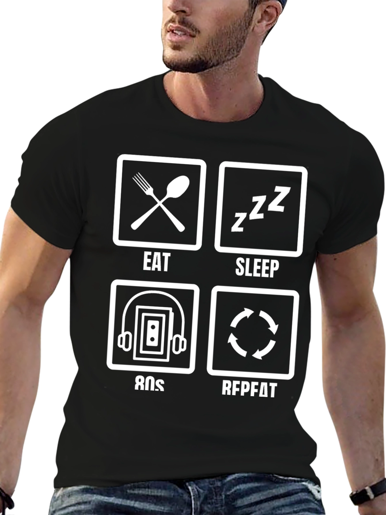 Black Eat Sleep 80s Repeat Funny Graphic T-Shirt view 6