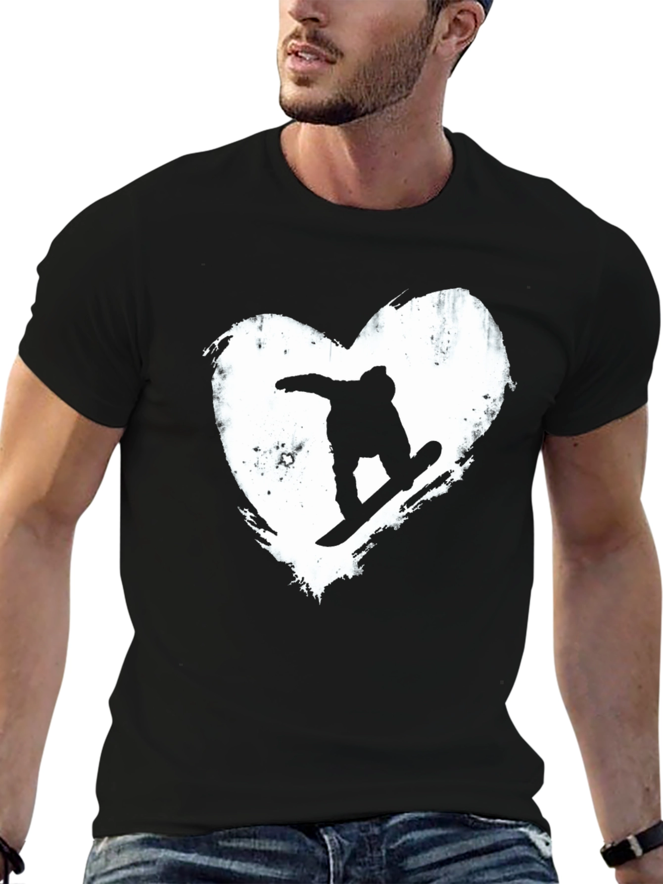 Black Snowboard Heart Graphic T-Shirt - Black Cotton Blend Tee view 6