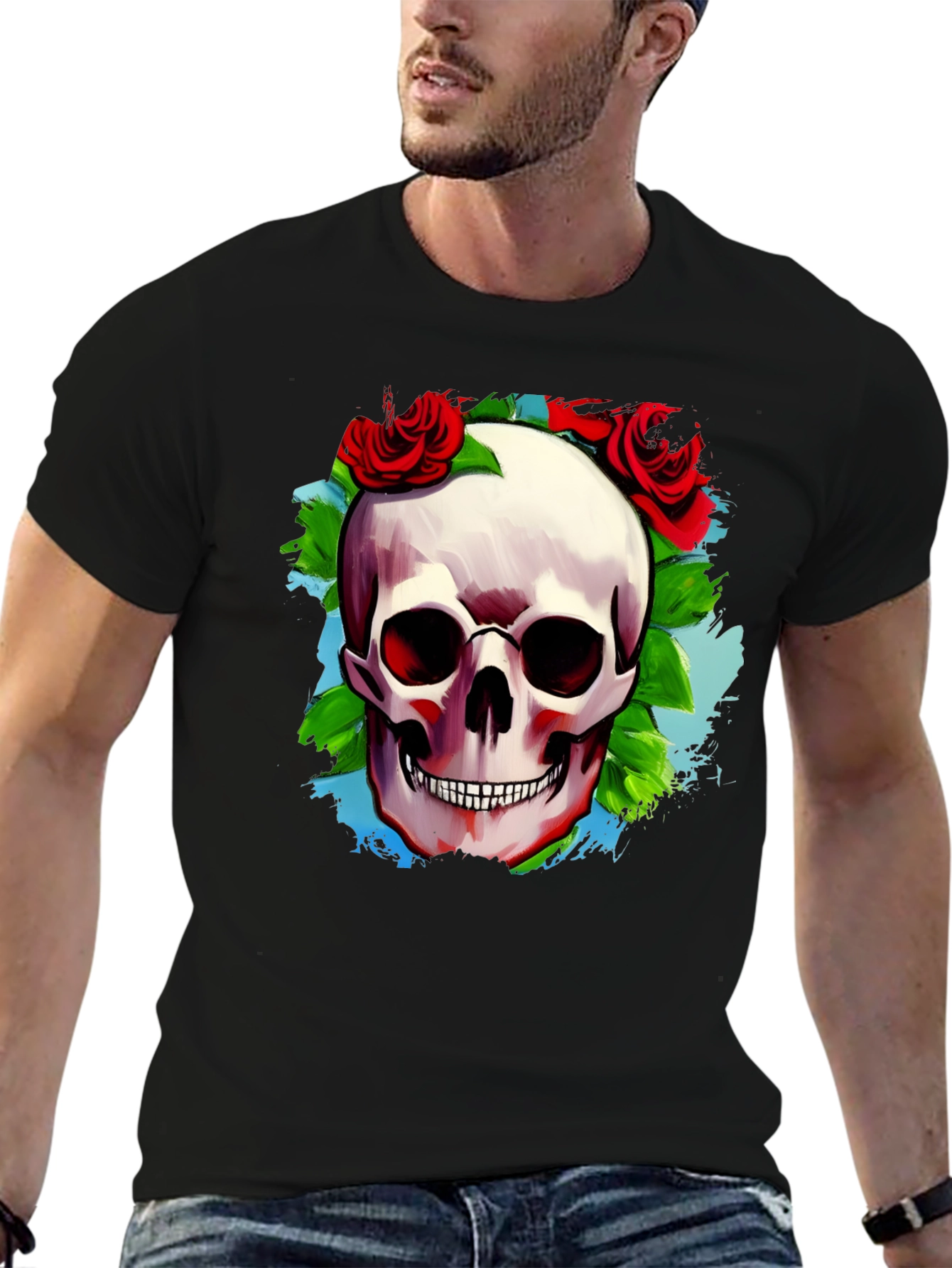 Black Skull & Roses Graphic T-Shirt view 6
