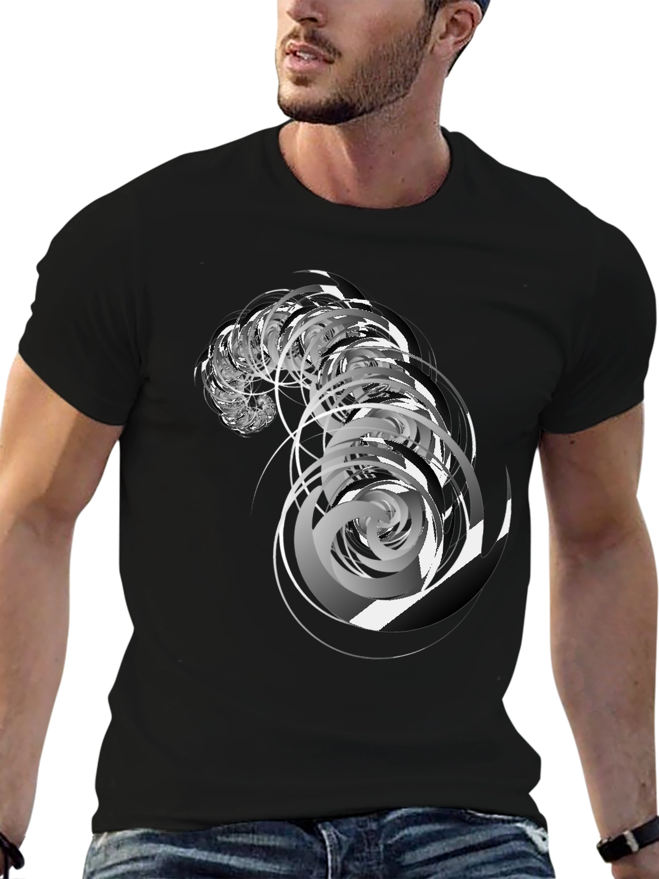 Black Abstract Swirl Graphic Black T-Shirt view 6