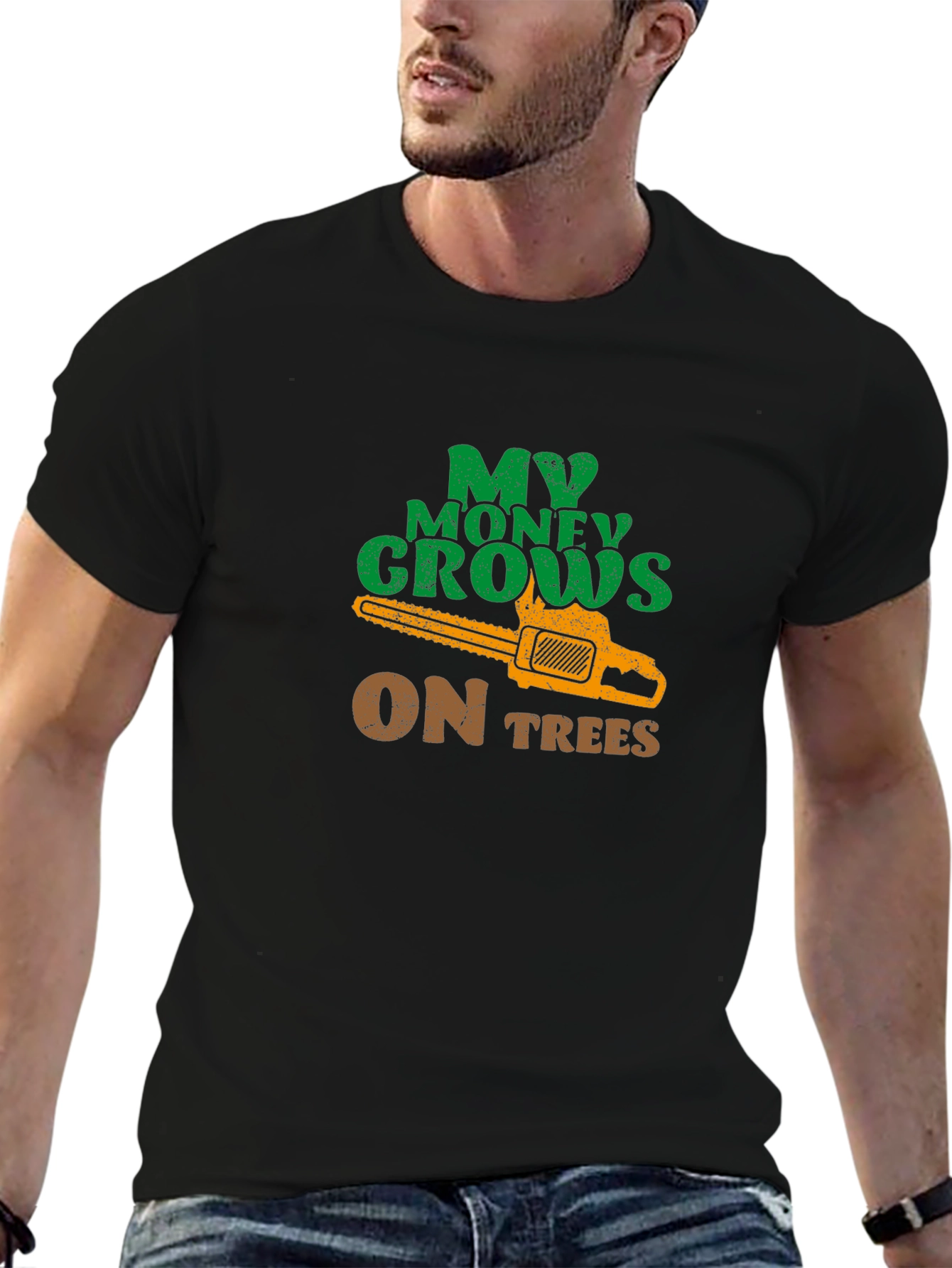 Black My Money Grows on Trees Chainsaw T-Shirt view 6