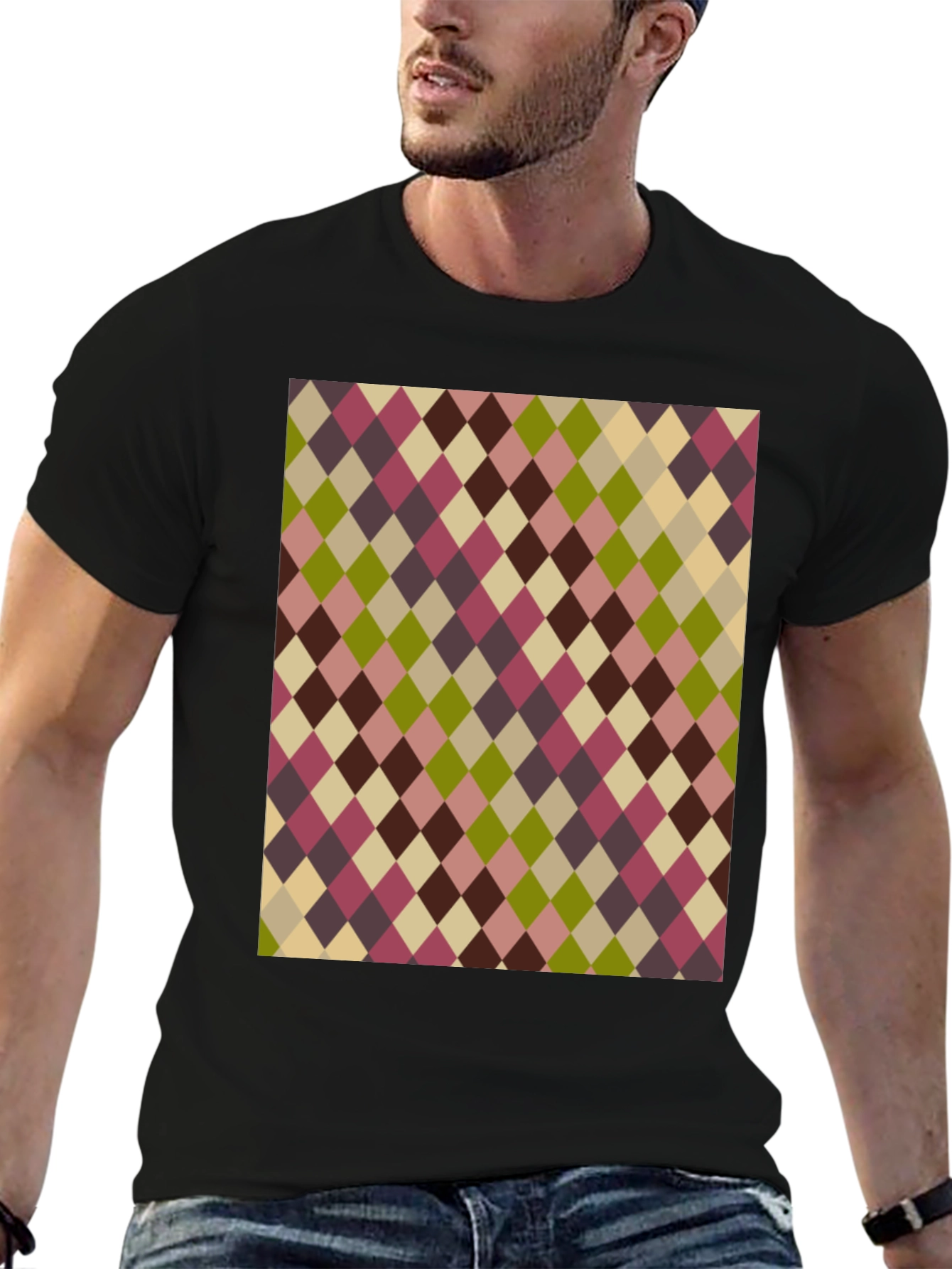 Black Retro Argyle Pattern Black T-Shirt view 6