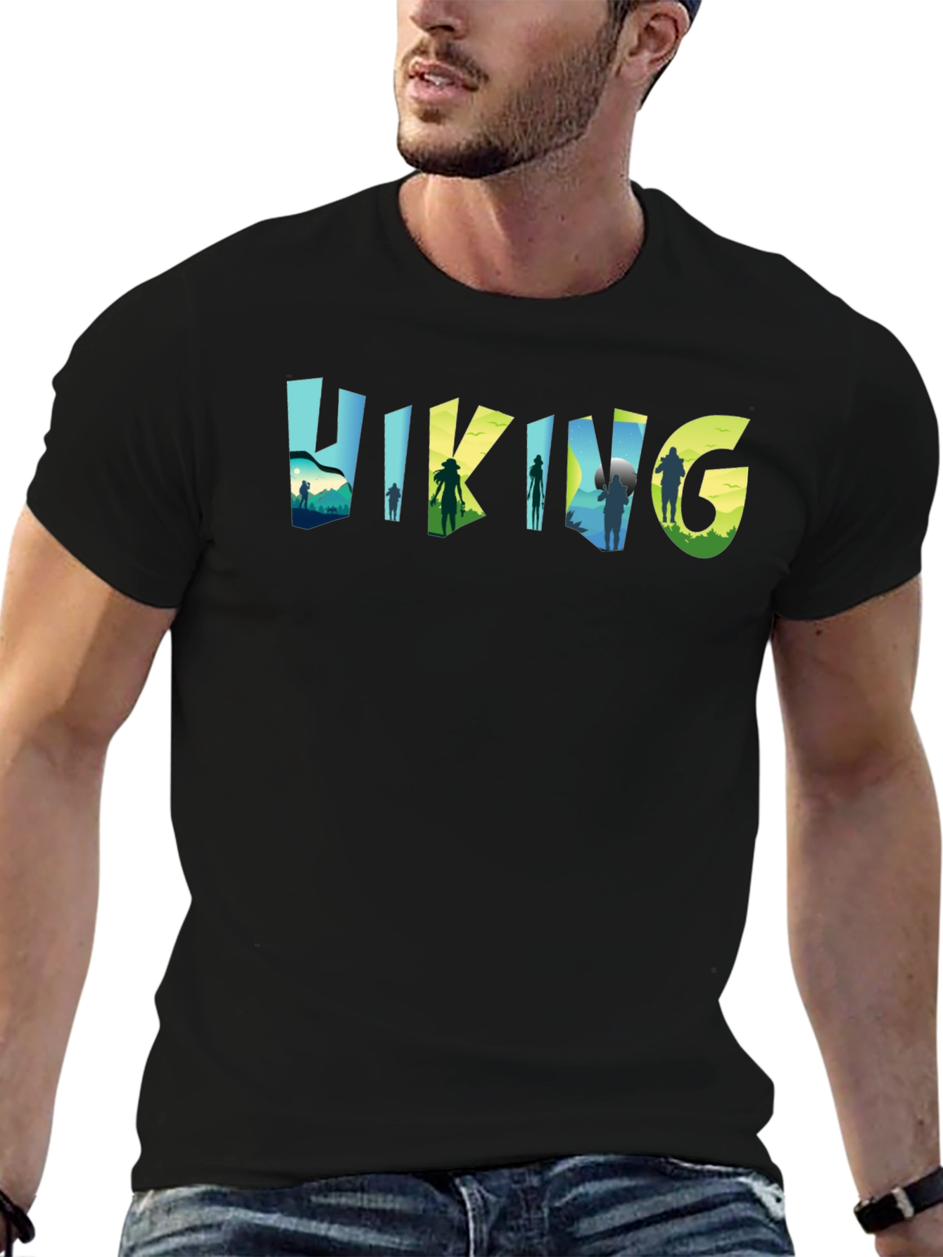 Black Hiking Adventure Tee - Nature Silhouette Design view 6