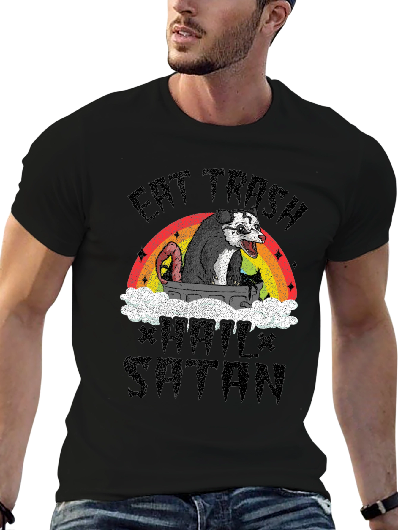 Black Eat Trash Hail Satan Opossum T-Shirt view 6