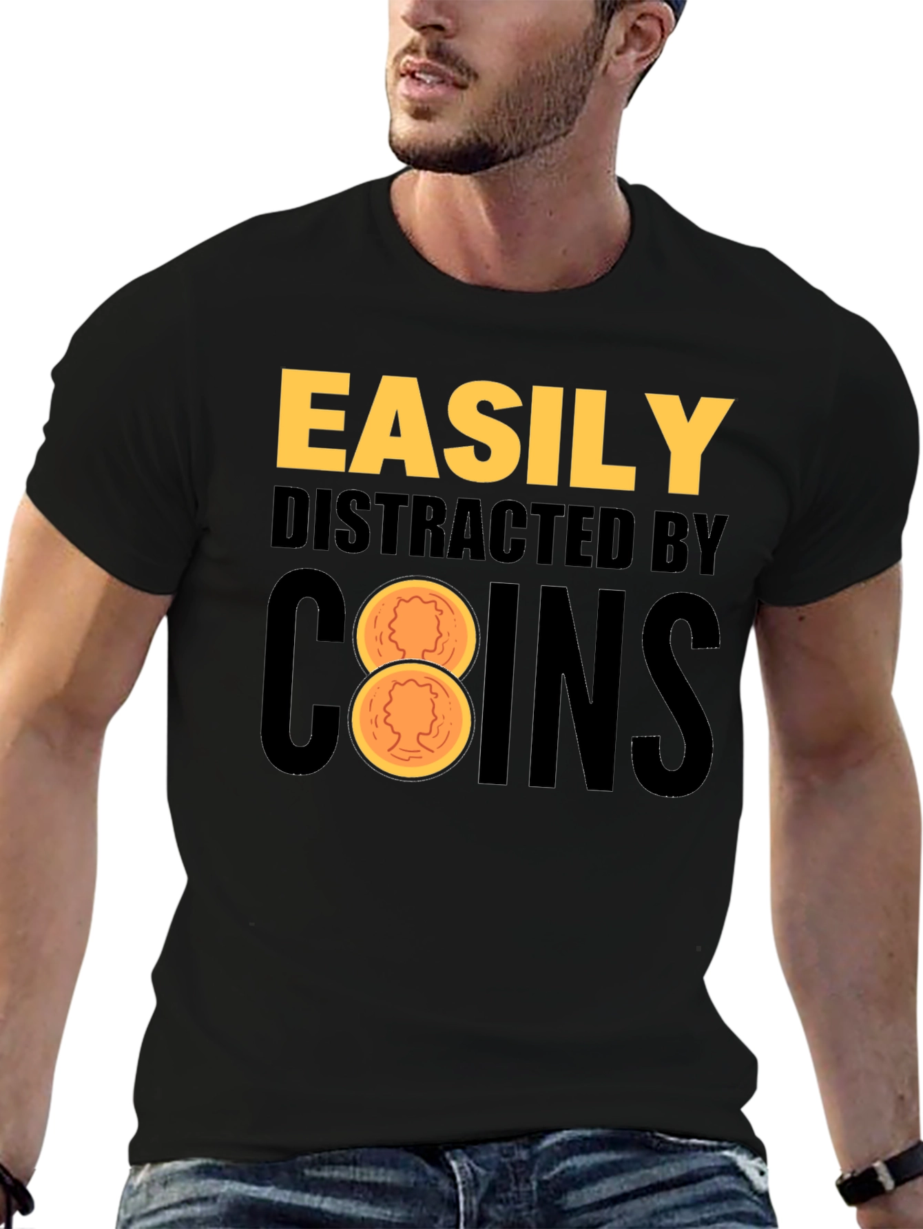 Black Easily Distracted By Coins Black T-Shirt view 6