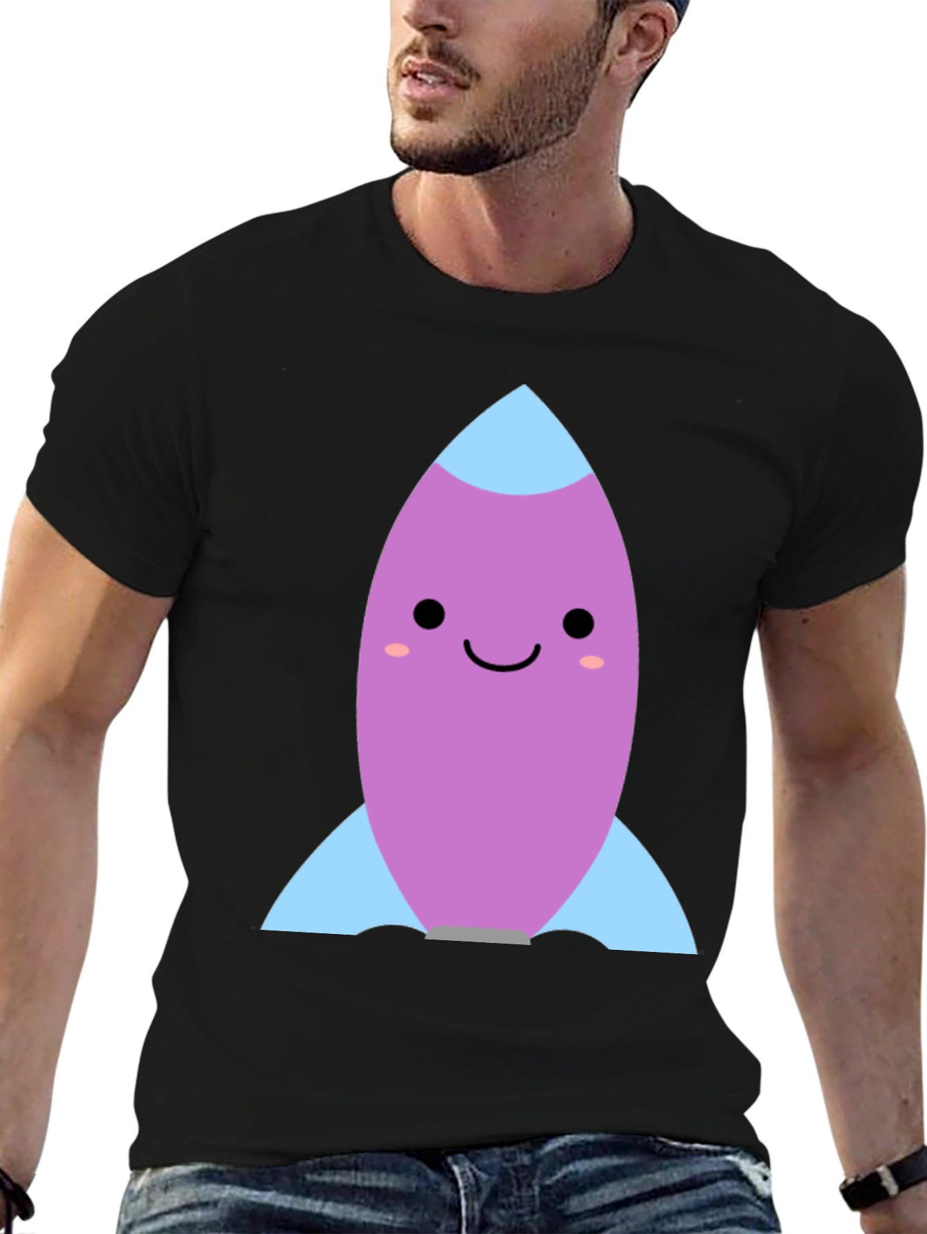 Black Cute Cartoon Rocket Graphic Tee - Black view 6