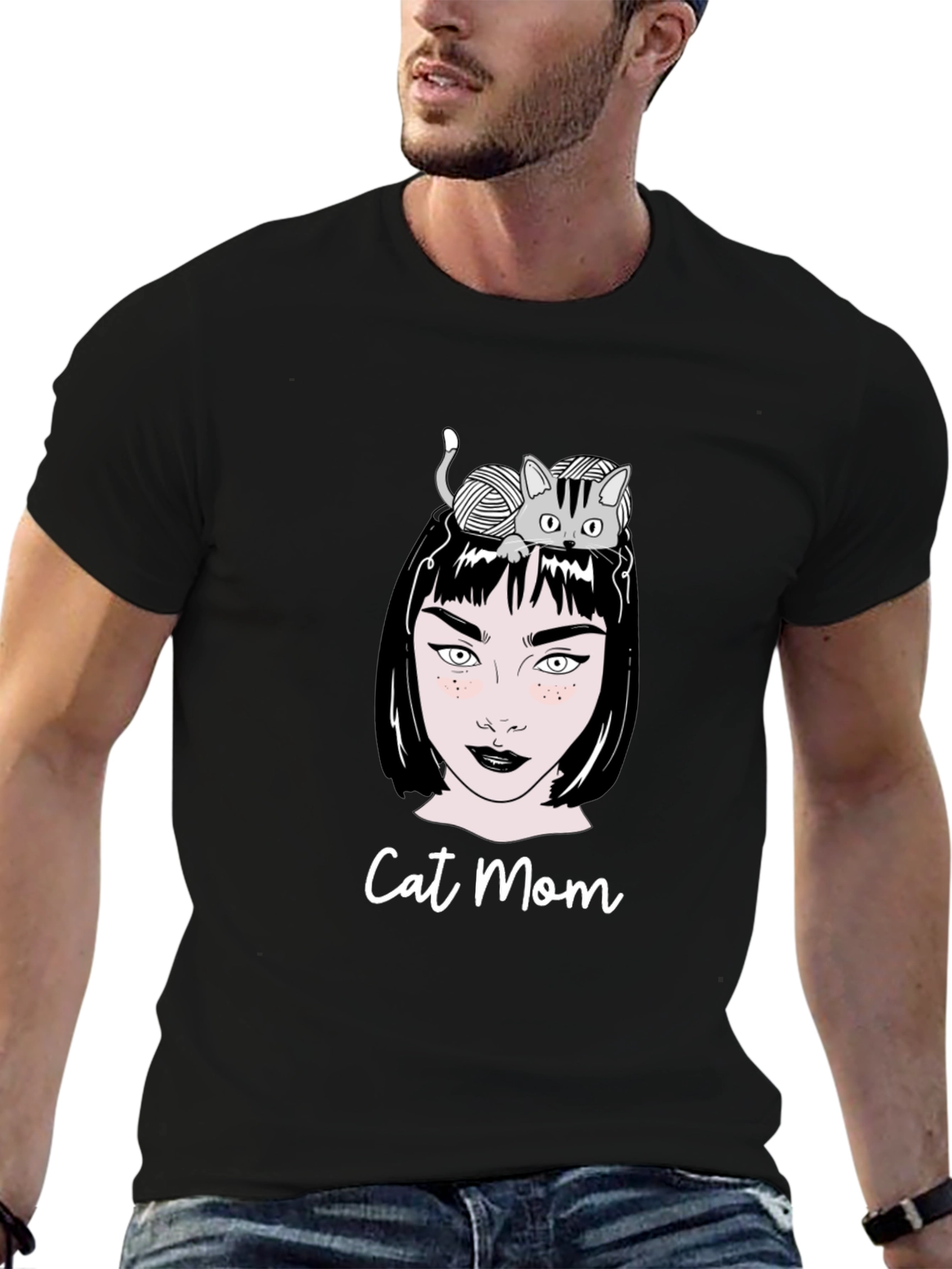 Black Cat Mom Graphic T-Shirt - Unisex Black Tee view 6