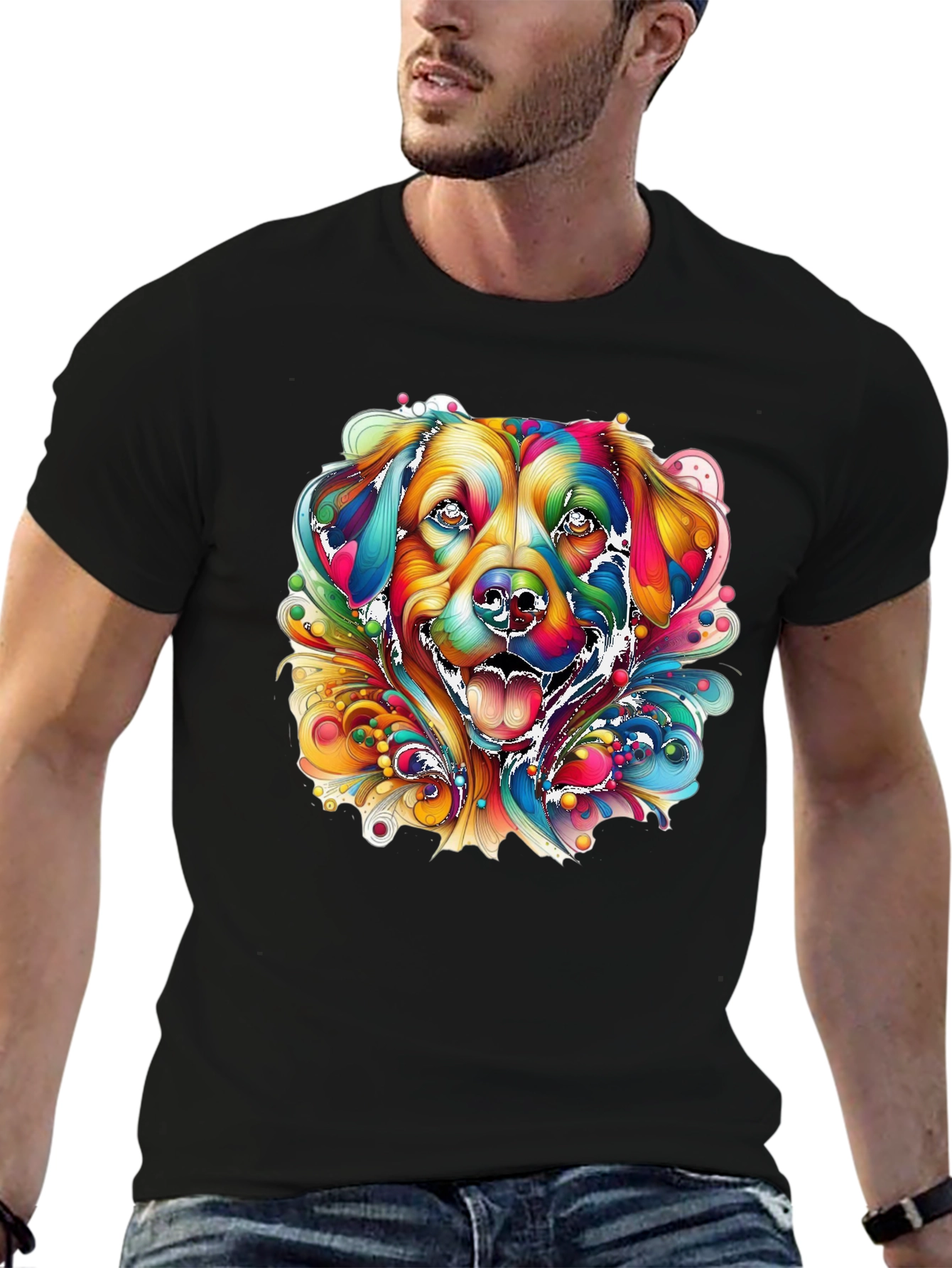 Black Colorful Dog Graphic Black T-Shirt view 6