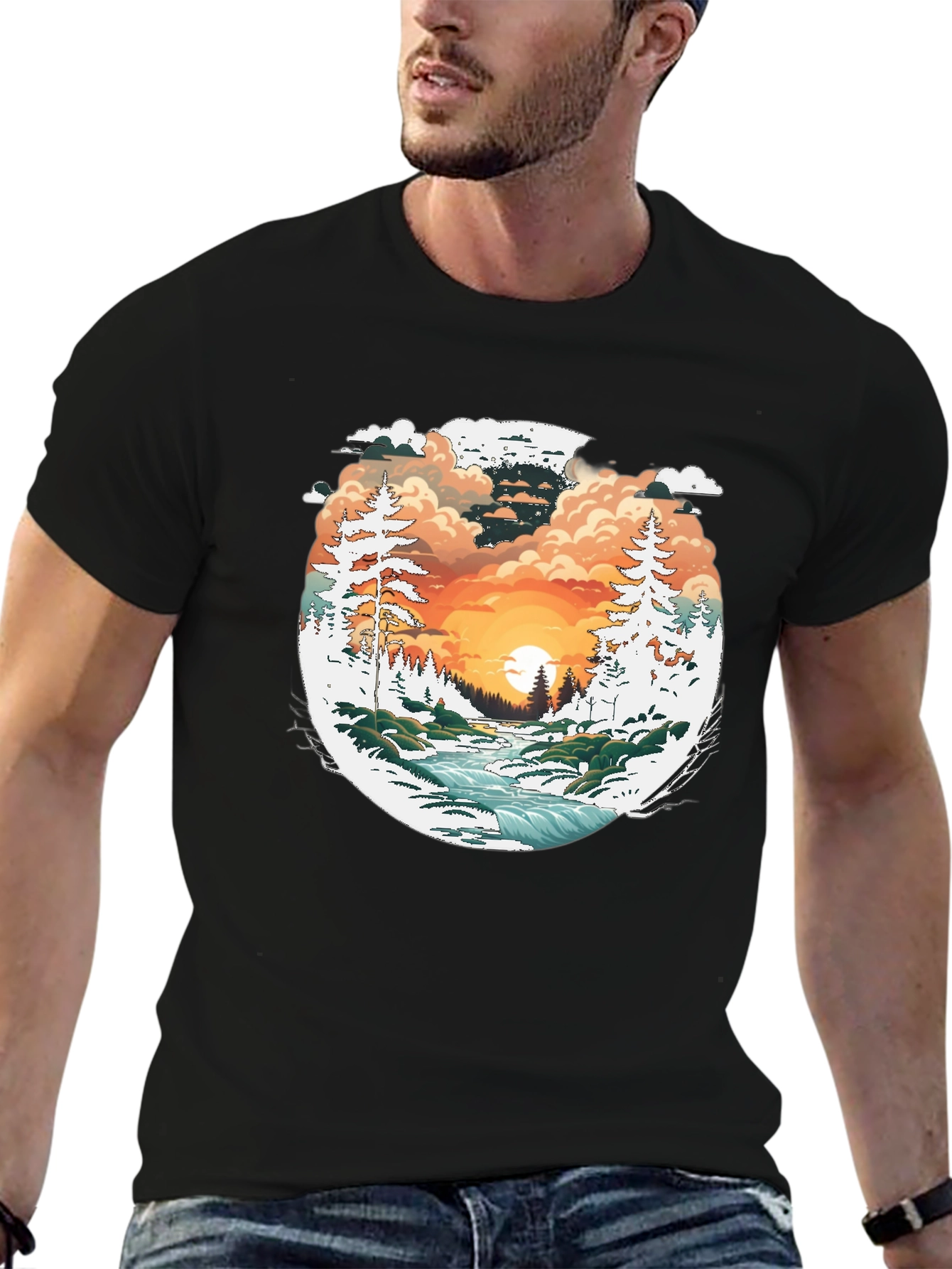 Black Nature Scene Graphic Black T-Shirt view 6