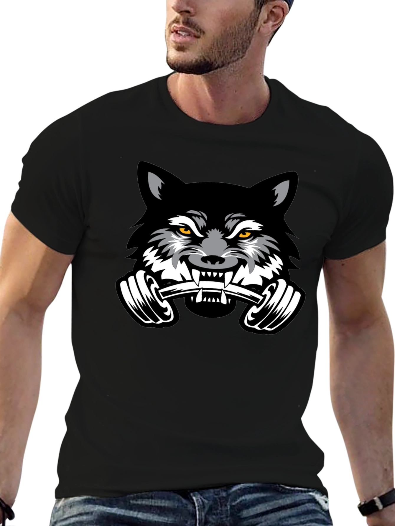 Black Wolf Barbell Black T-Shirt view 6