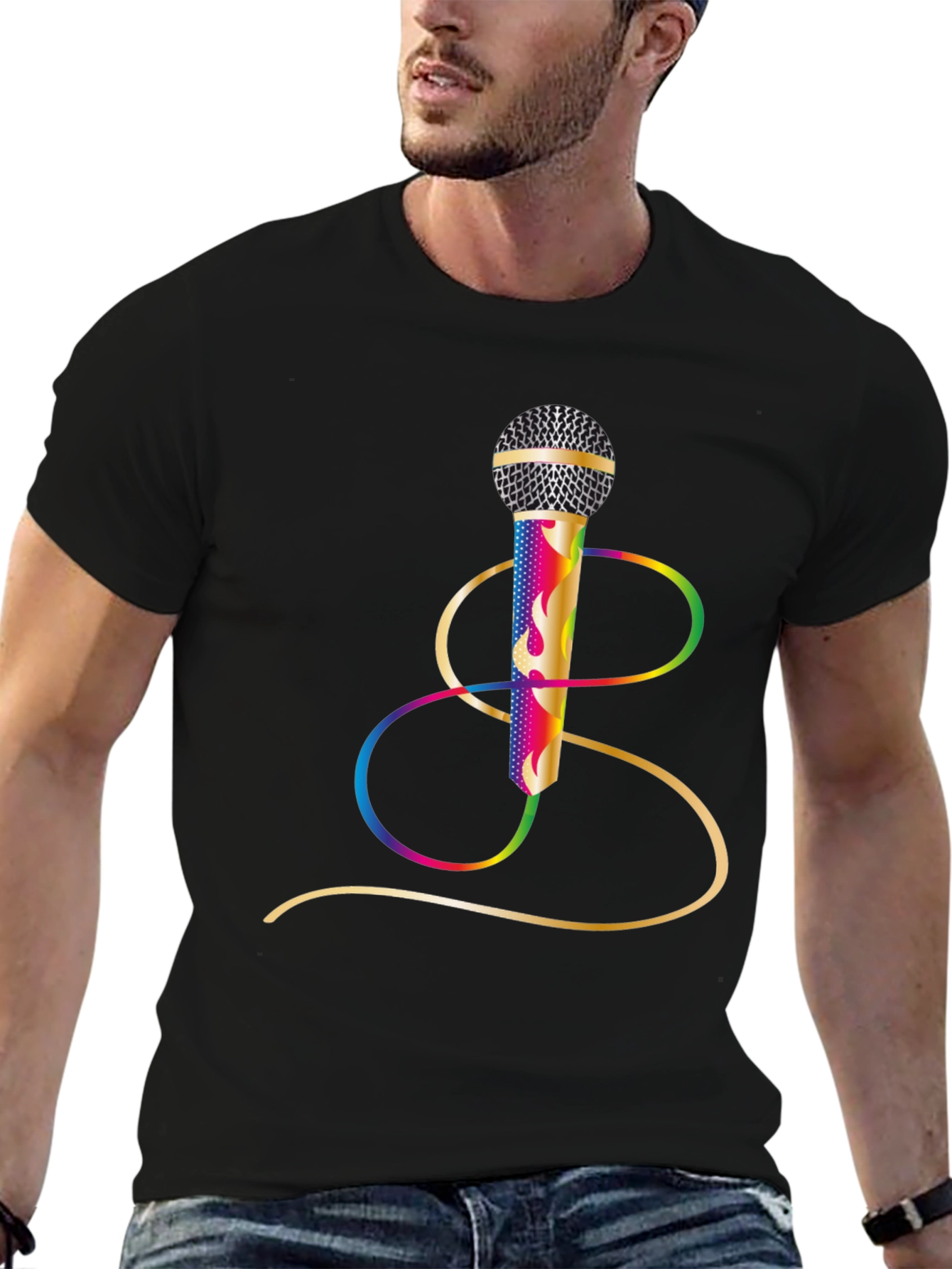 Black Vibrant Microphone Graphic Tee - Black Cotton Blend view 6