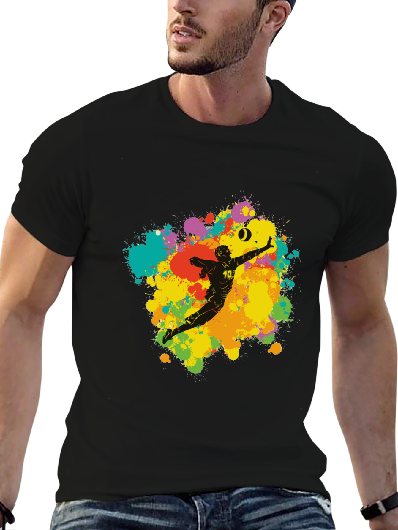 Black Volleyball Player Art T-Shirt - Colorful Splash Design view 6