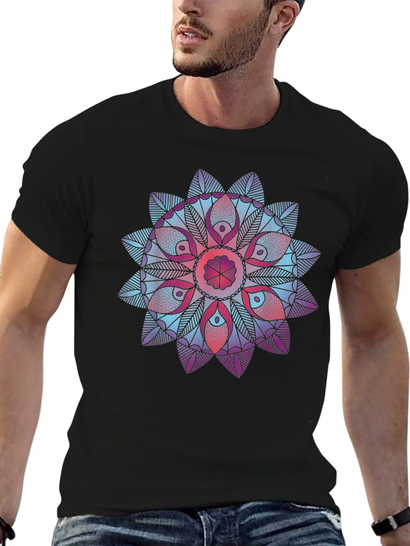 Black Geometric Mandala Print Black T-Shirt view 6
