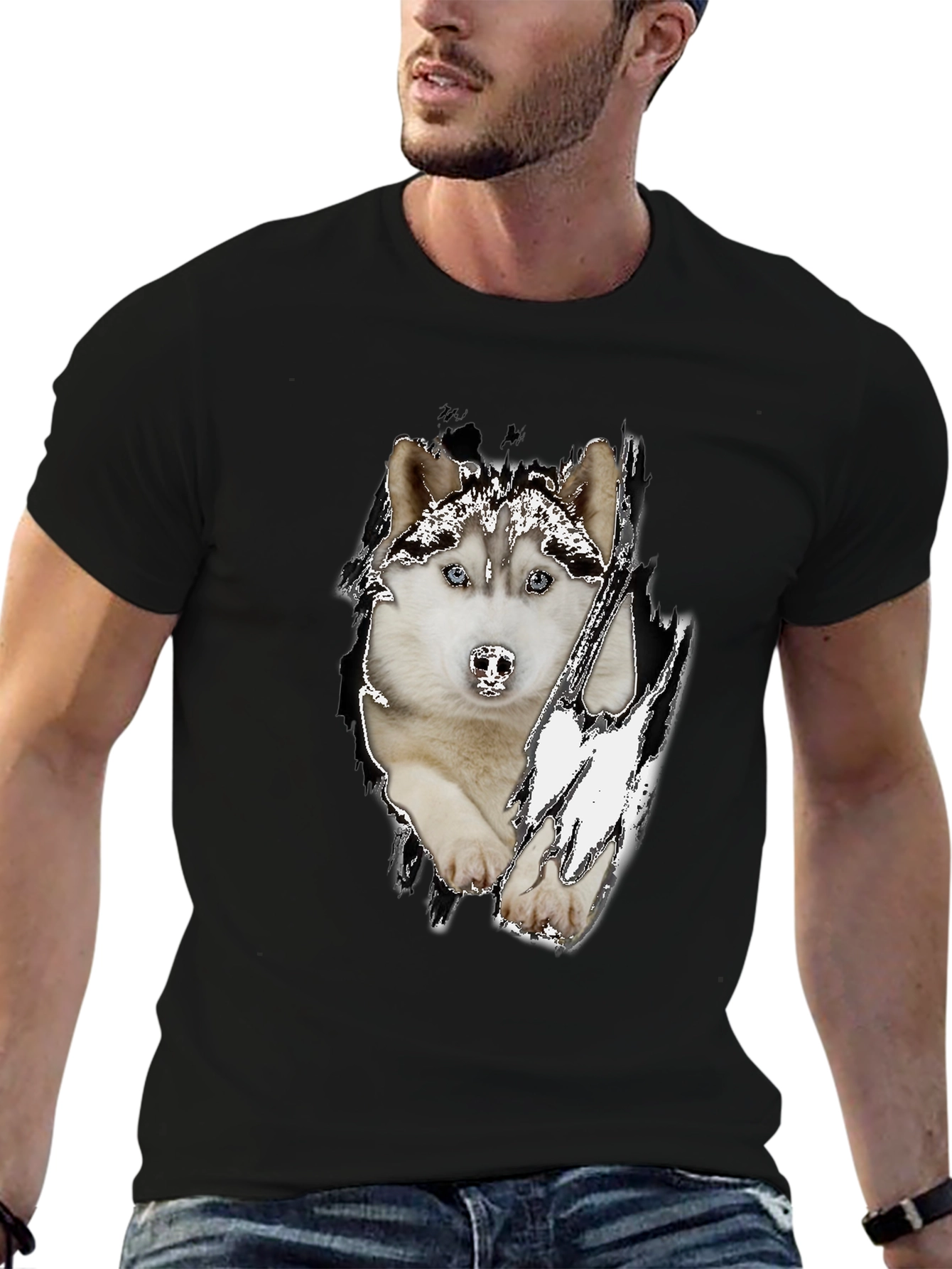 Black Husky Dog Graphic Black T-Shirt for Men view 6