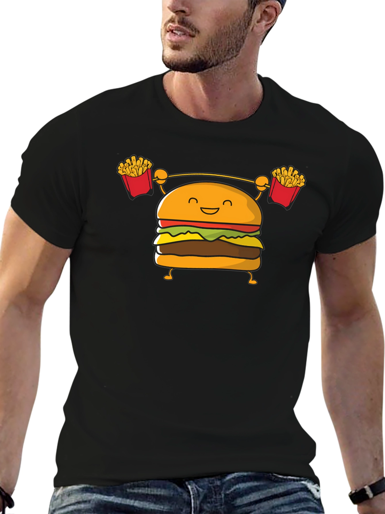 Black Burger Lifting Weights Funny Graphic T-Shirt view 6
