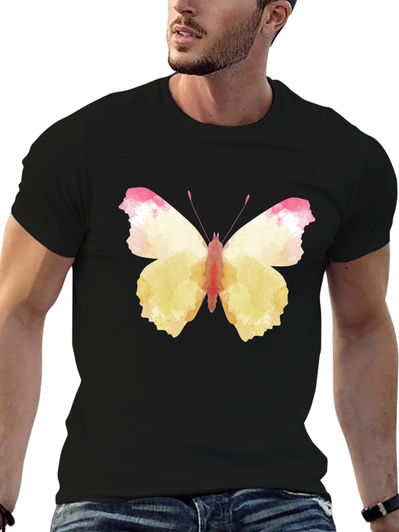 Black Butterfly Watercolor Graphic Tee - Black Cotton Casual Shirt view 6
