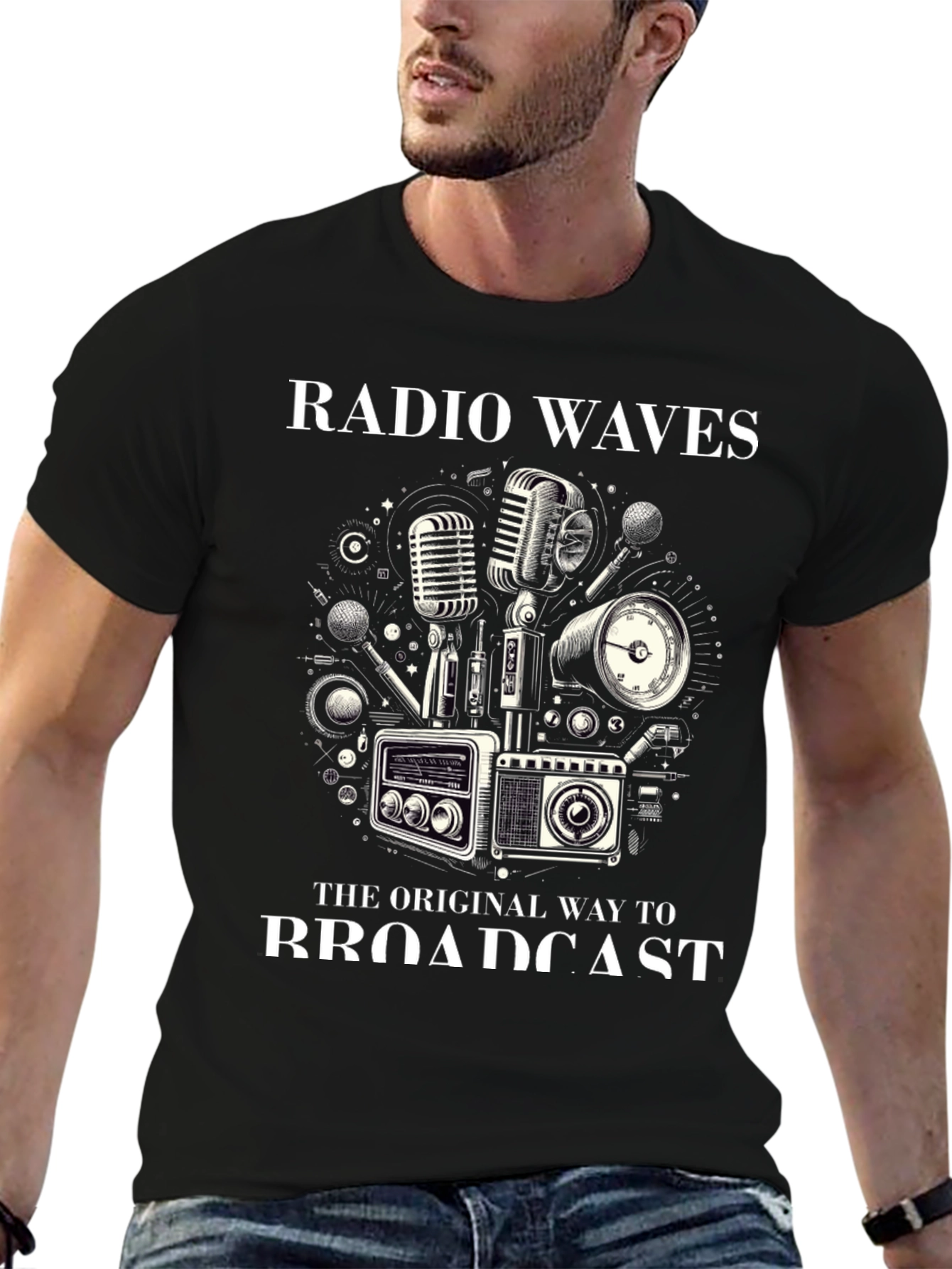 Black Retro Radio Waves Broadcast Graphic Tee view 6