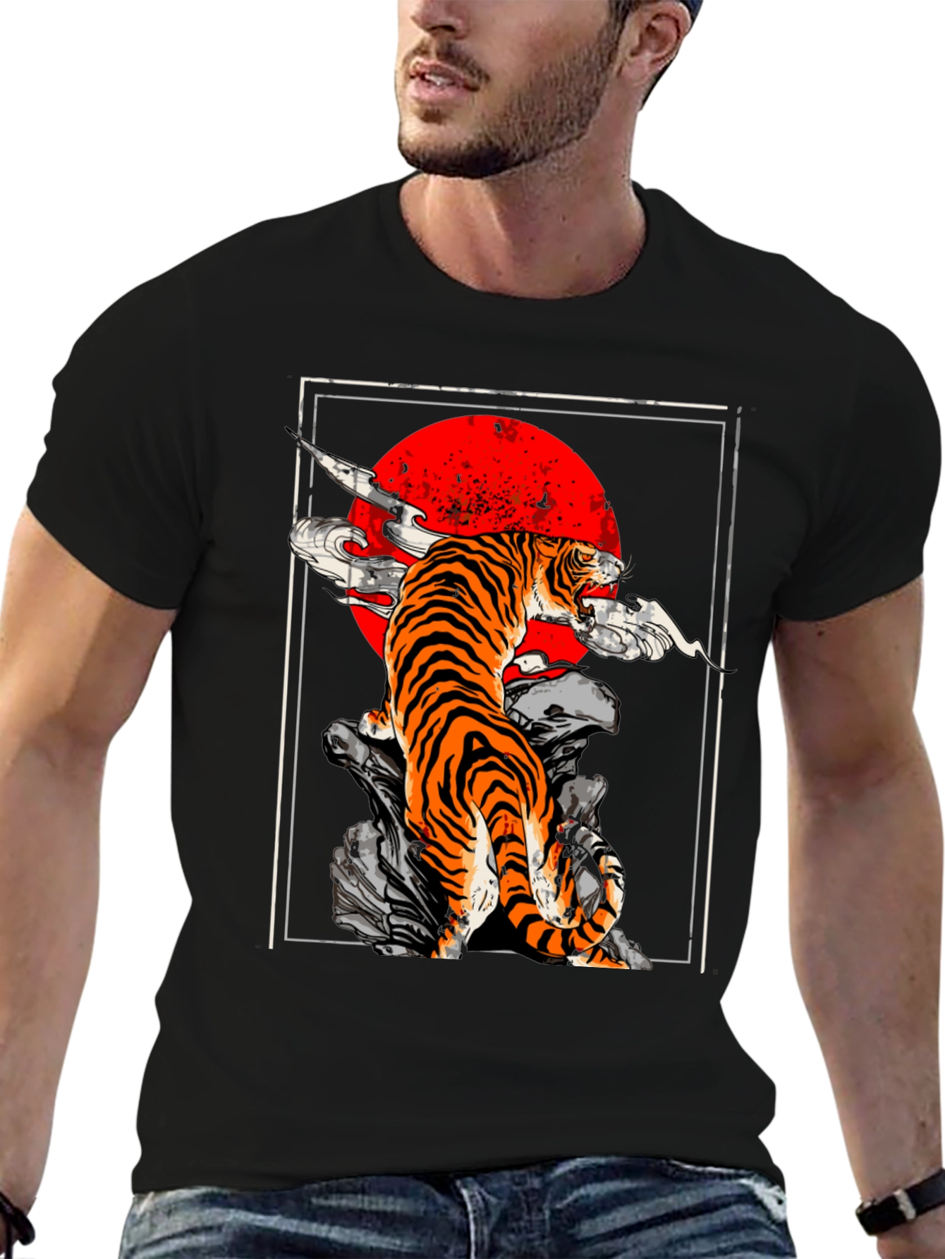 Black Tiger Red Sun Graphic Tee - Black Cotton T-Shirt view 6
