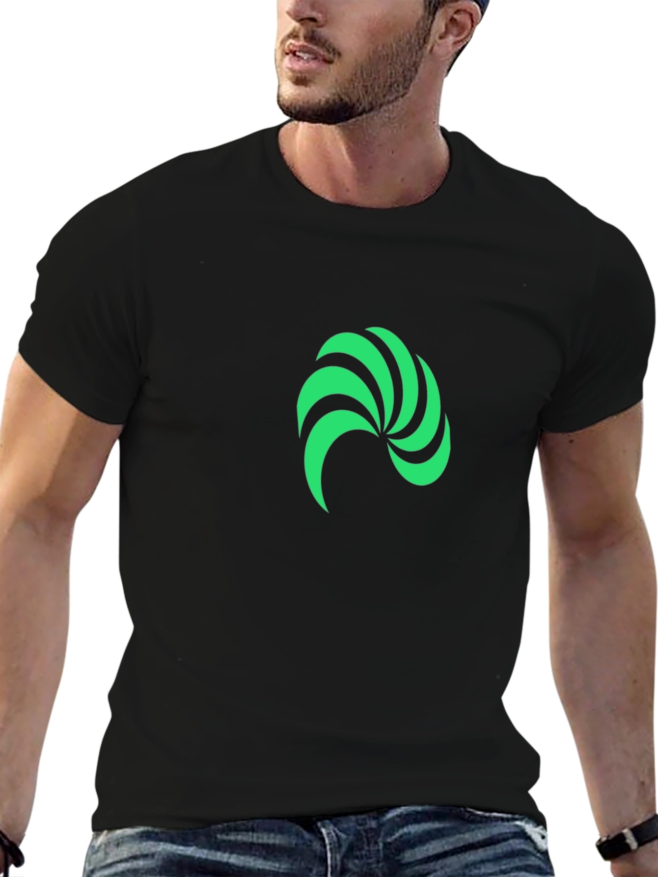 Black Modern Green Swirl Graphic Black T-Shirt view 6