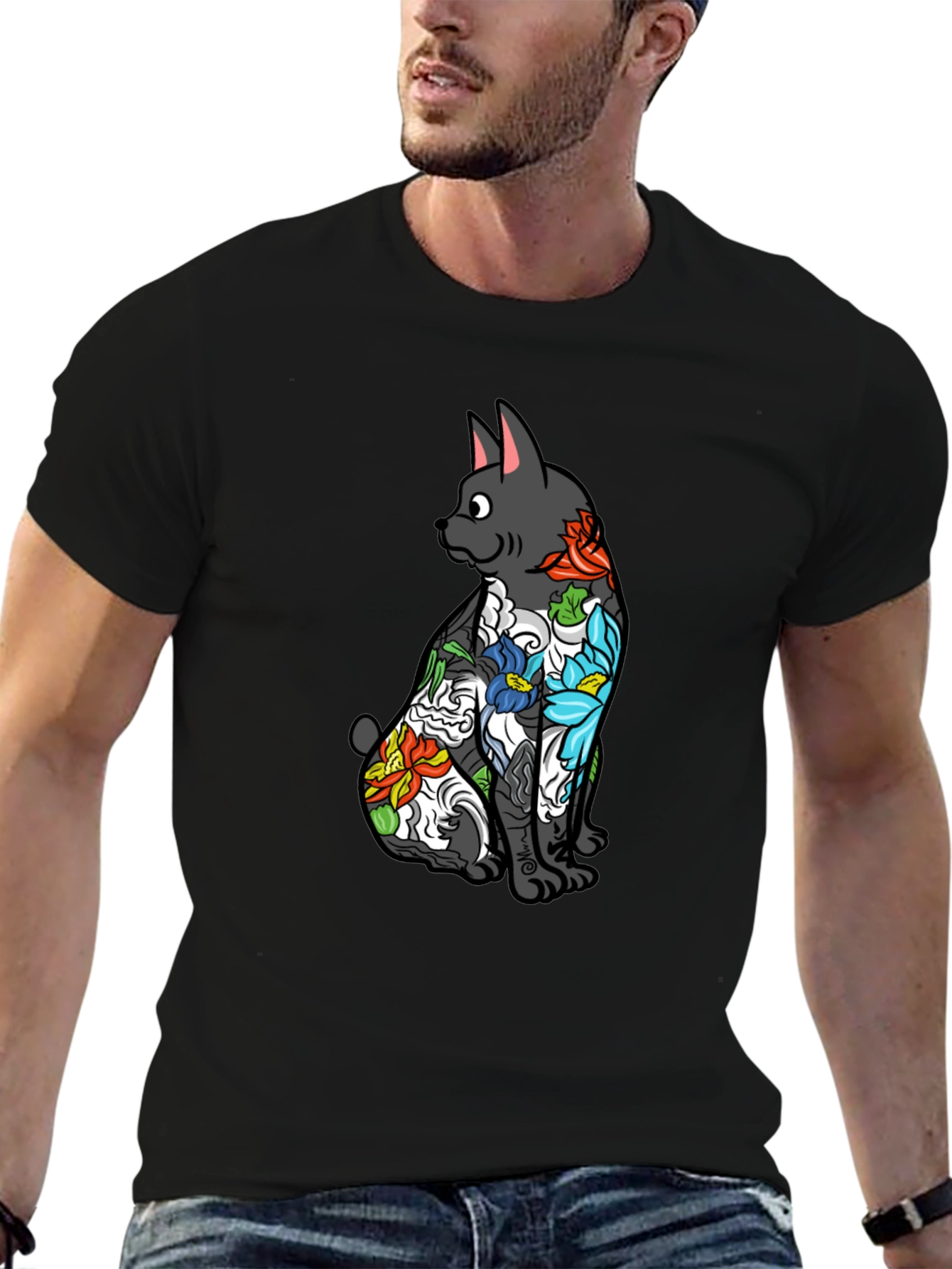Black Floral Tattoo Cat Graphic Tee - Black Unisex Shirt view 6