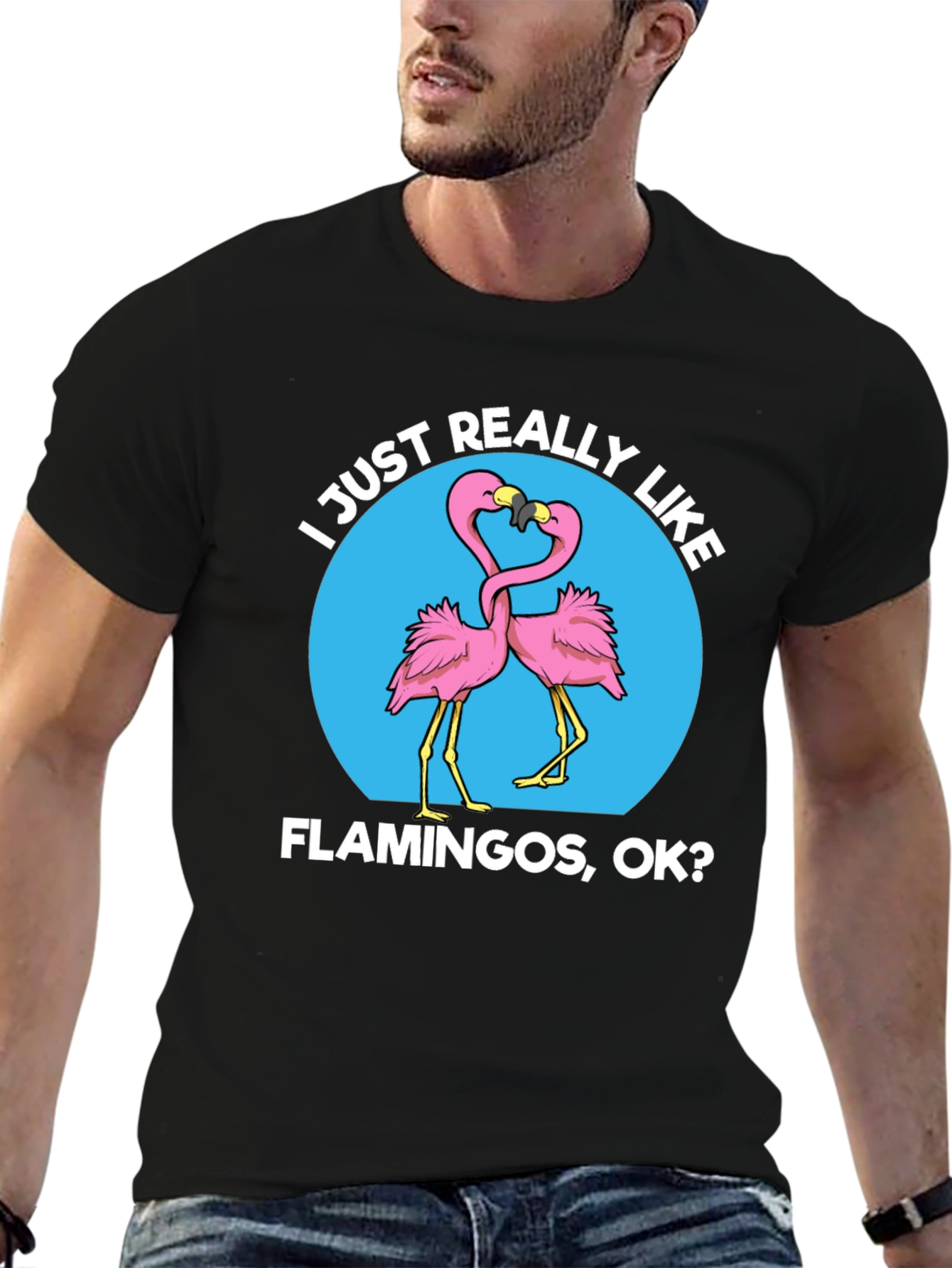 Black I Just Really Like Flamingos OK? Graphic T-Shirt view 6