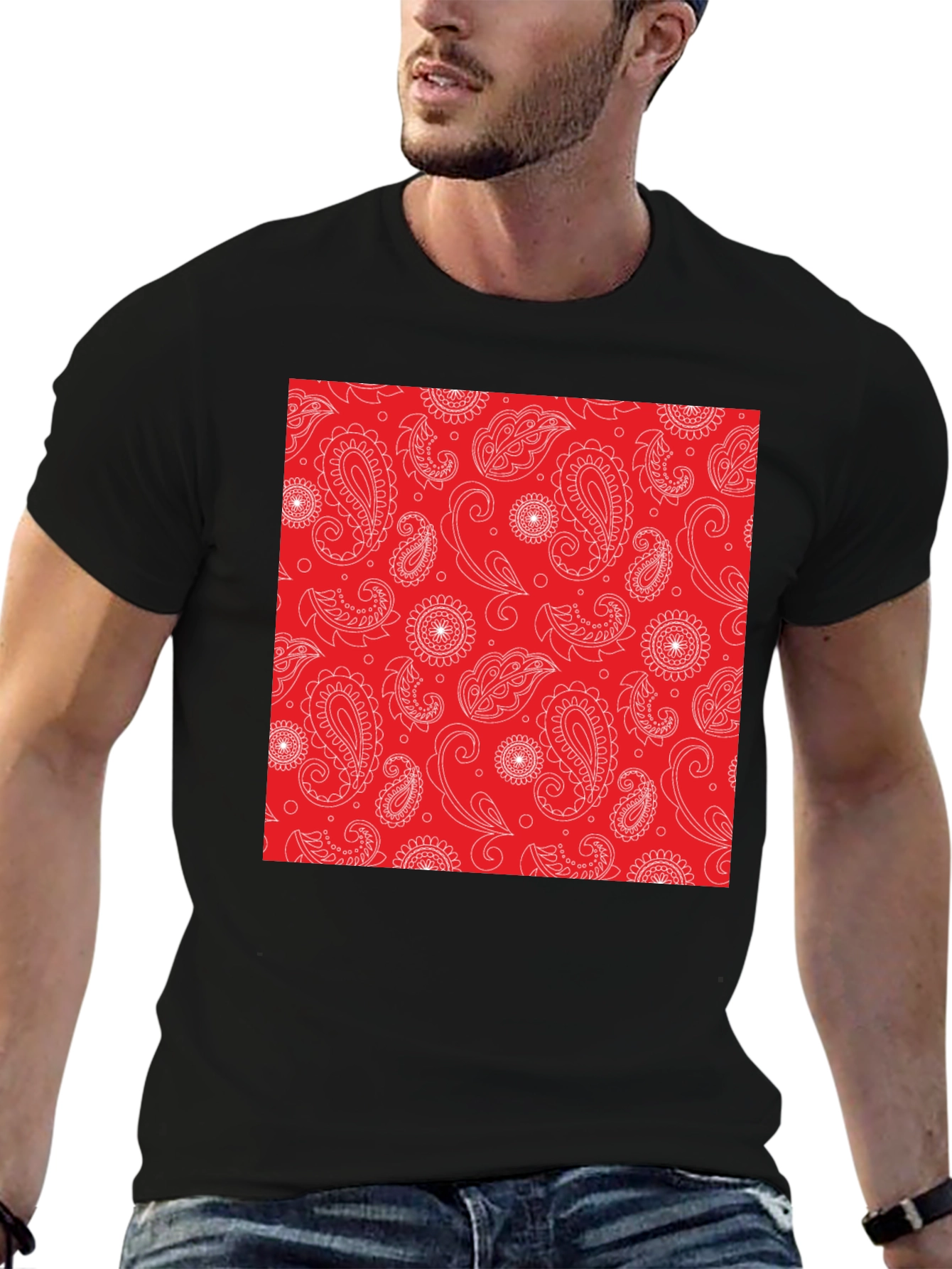 Black Red Paisley Patterned T-Shirt - Classic Style view 6