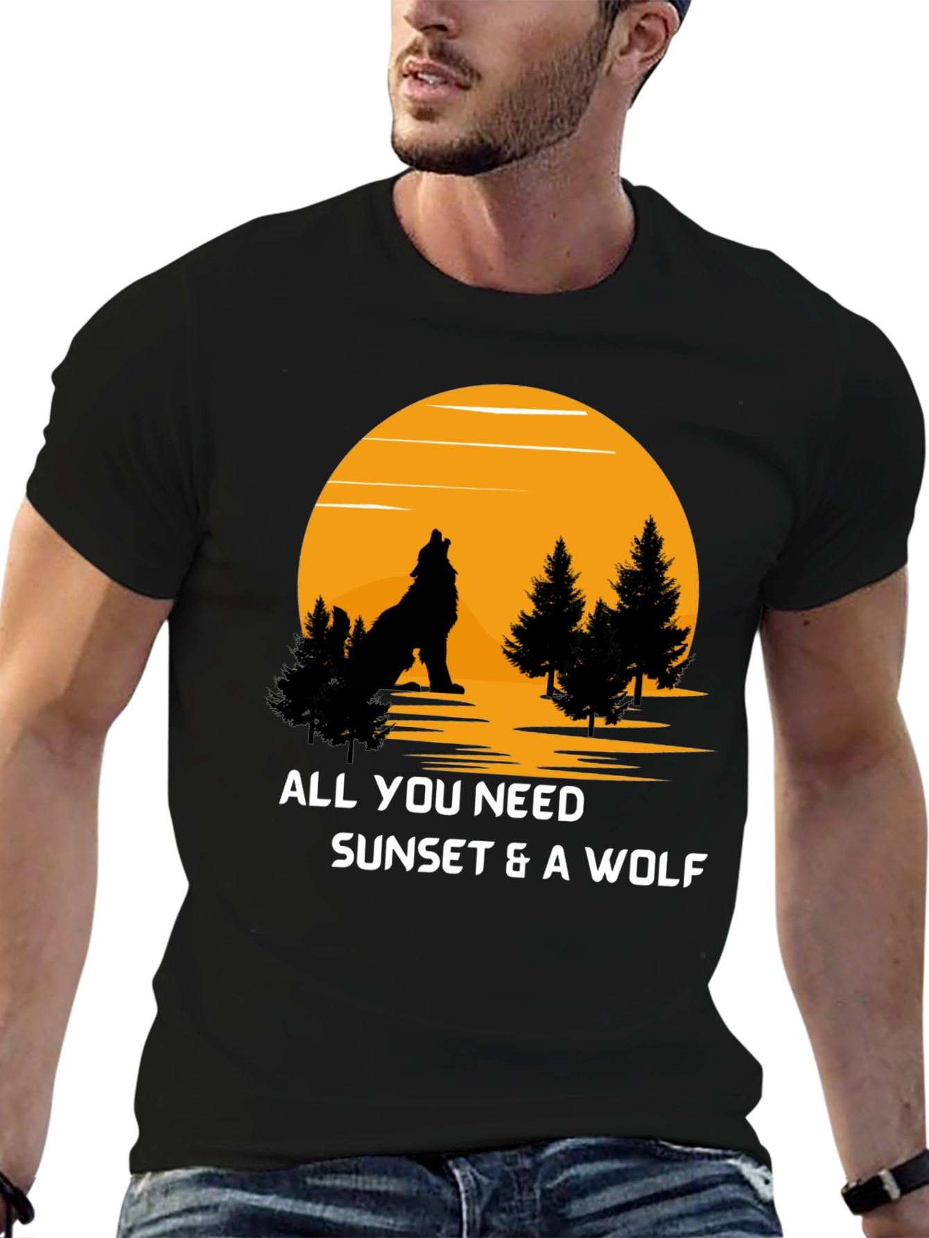 Black Sunset Wolf Graphic T-Shirt view 6