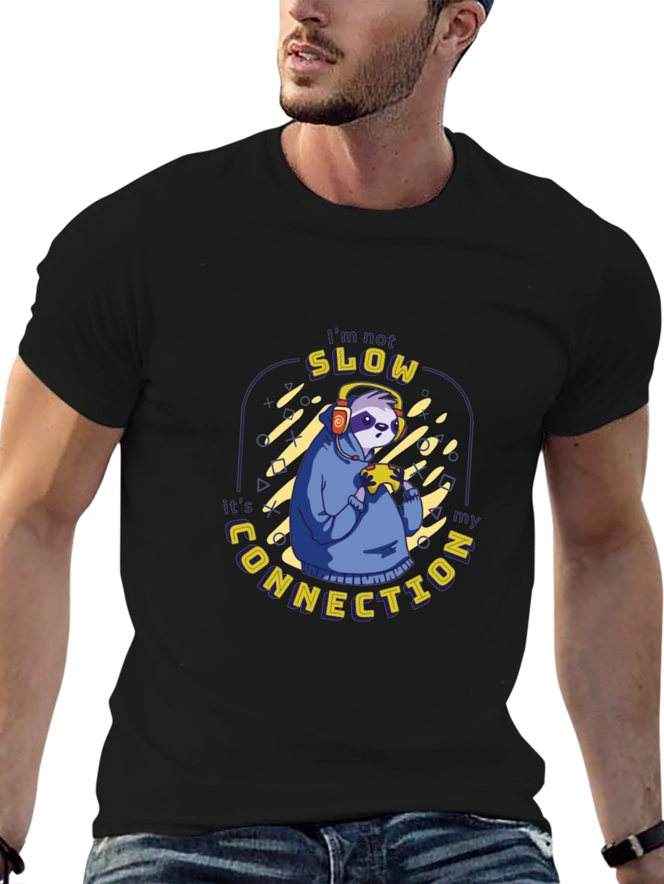 Black Funny Sloth Gamer T-Shirt - I'm Not Slow view 6