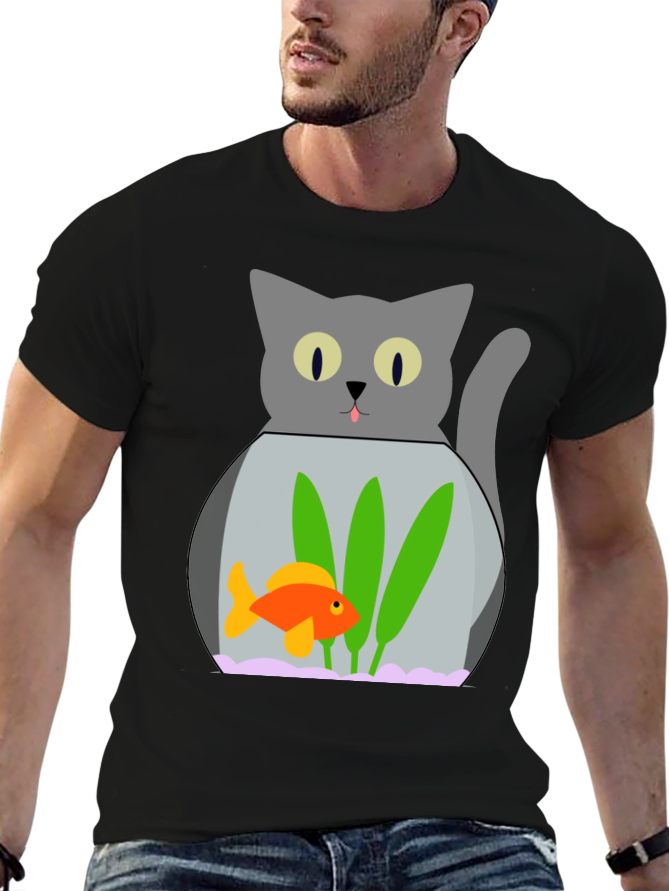 Black Cat & Goldfish Bowl Graphic T-Shirt - Novelty Tee view 6