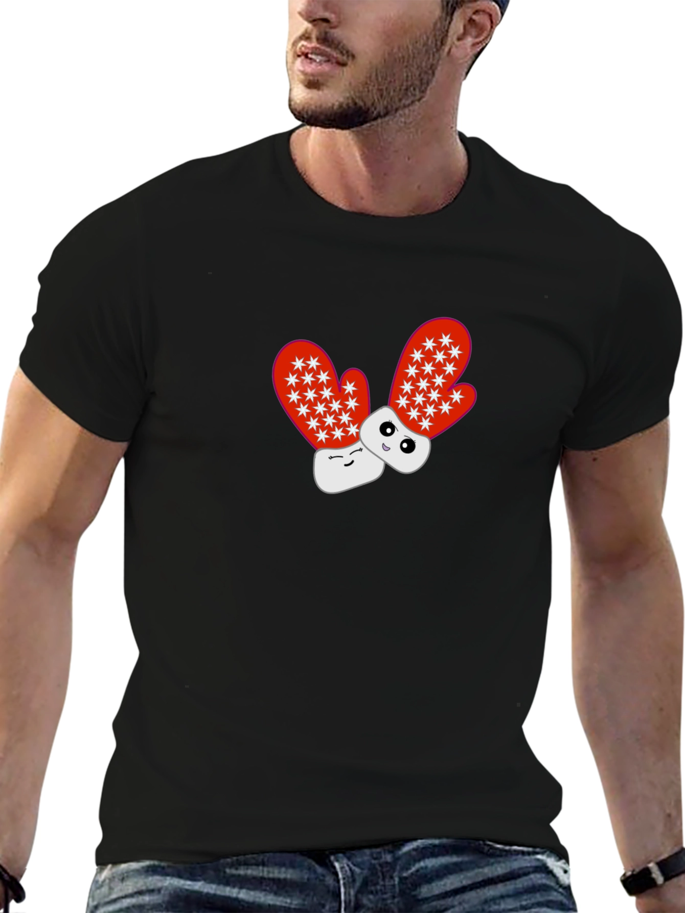 Black Cute Cartoon Mittens Black T-Shirt view 6