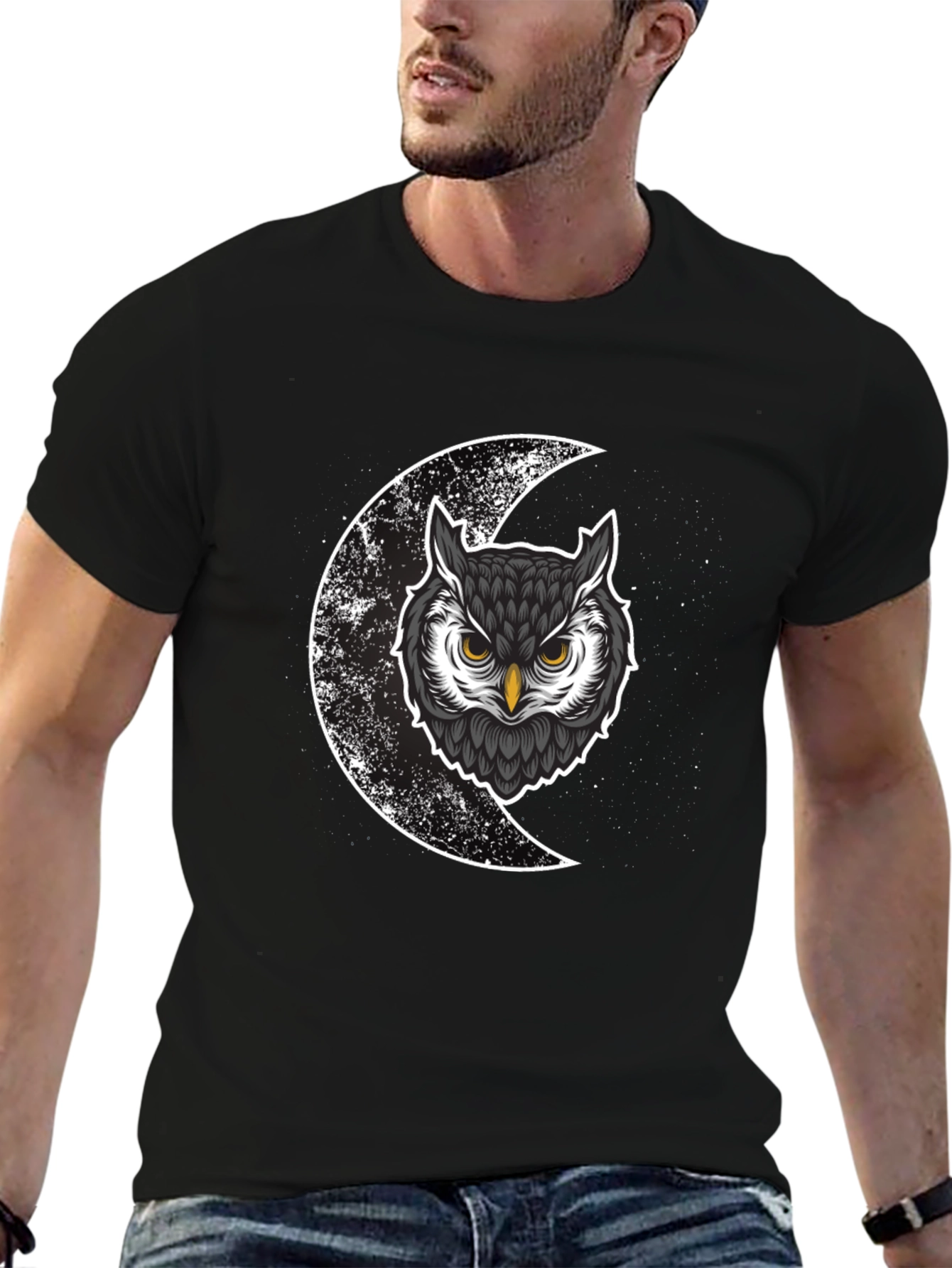 Black Owl & Moon Graphic Tee - Men's Black Cotton T-Shirt view 6