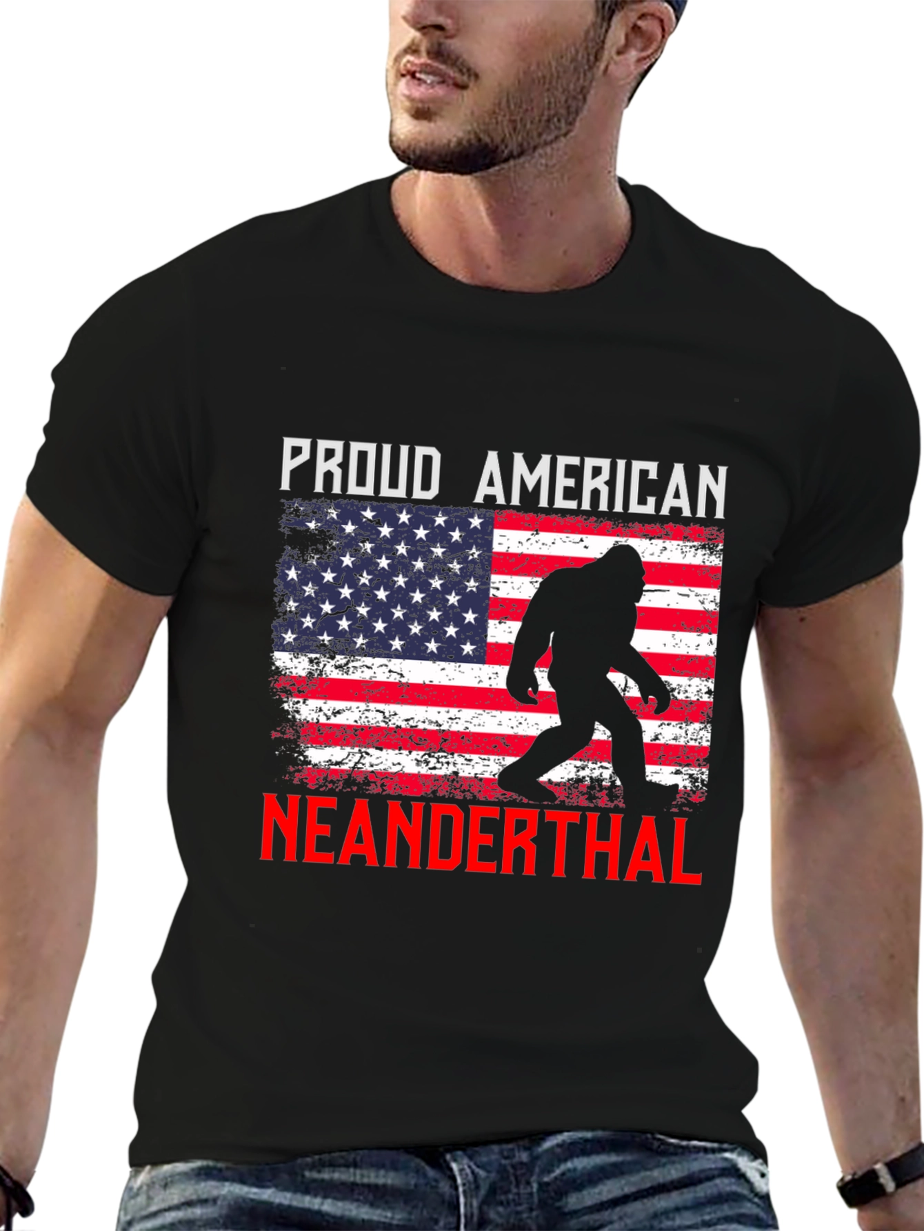 Black Proud American Neanderthal T-Shirt view 6