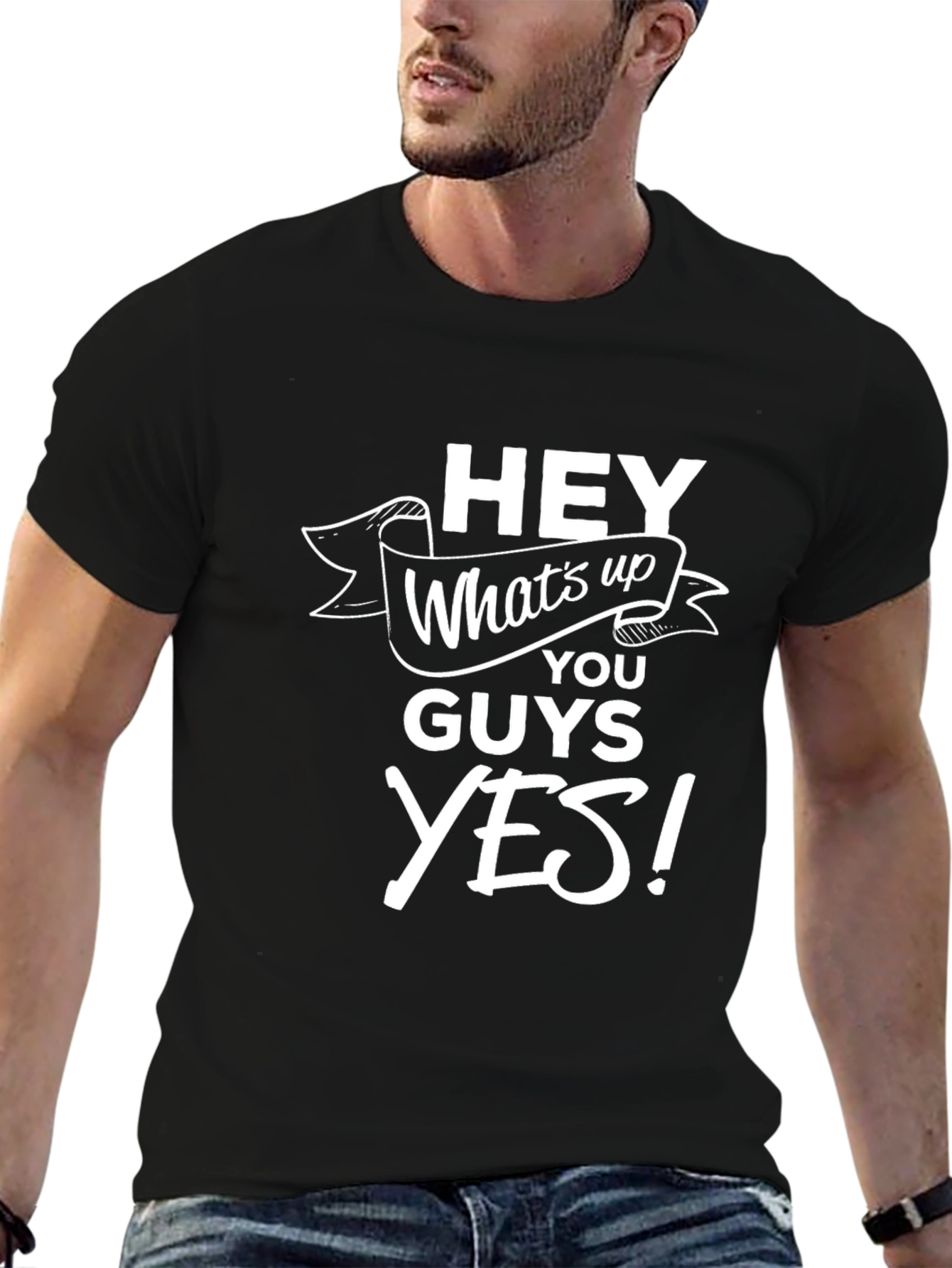 Black Hey What's Up Graphic Tee - Soft Black Cotton Blend T-Shirt view 6