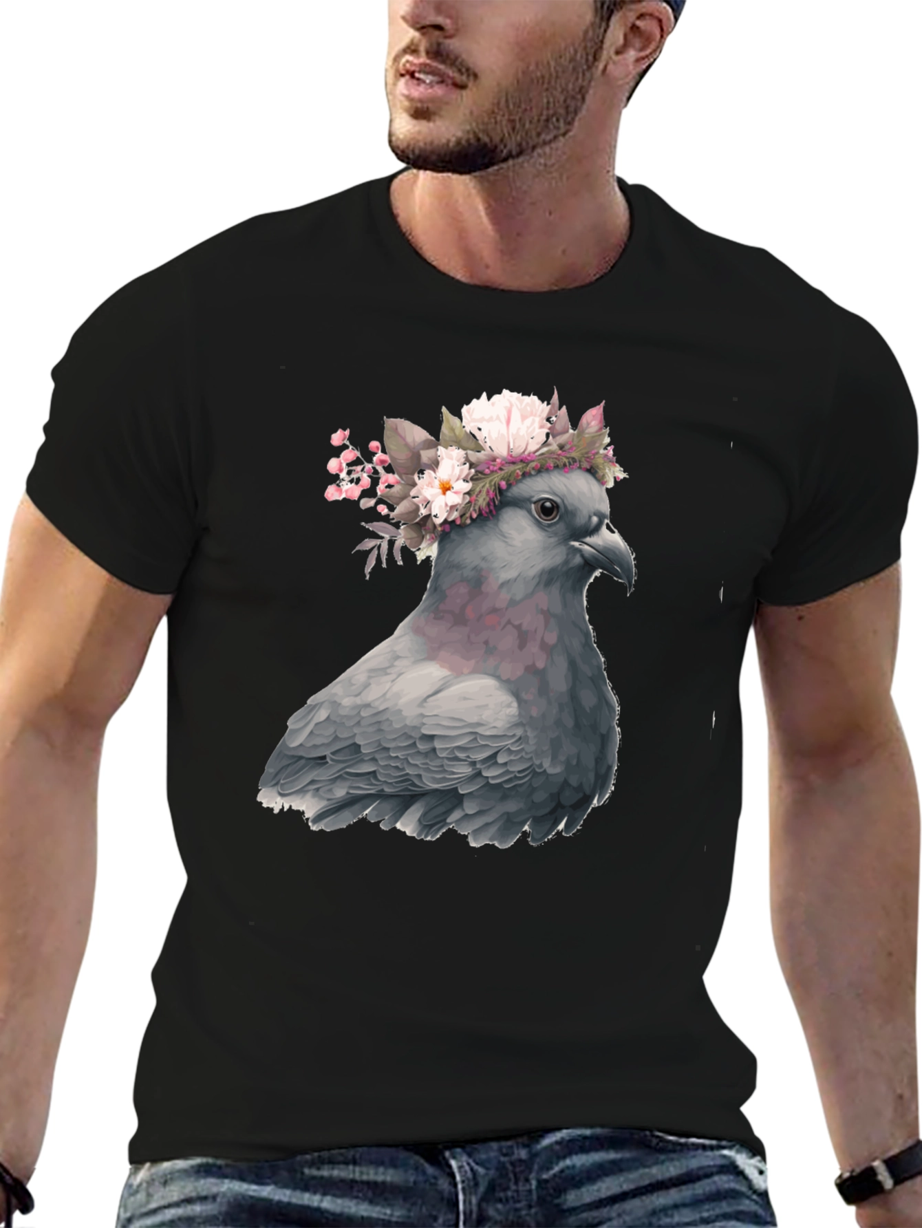 Black Pigeon Floral Crown Graphic Tee - Unique Bird Lover's Shirt view 6