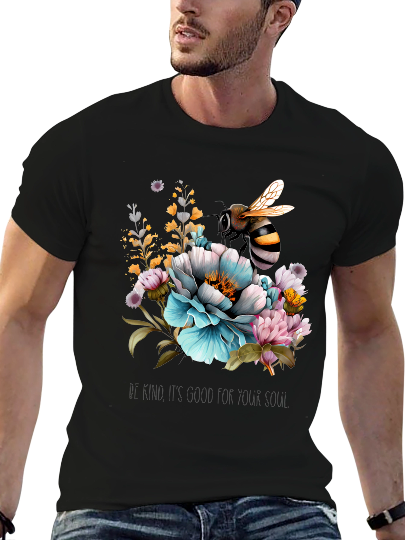 Black Floral Bee Graphic Tee - Black Cotton Blend view 6