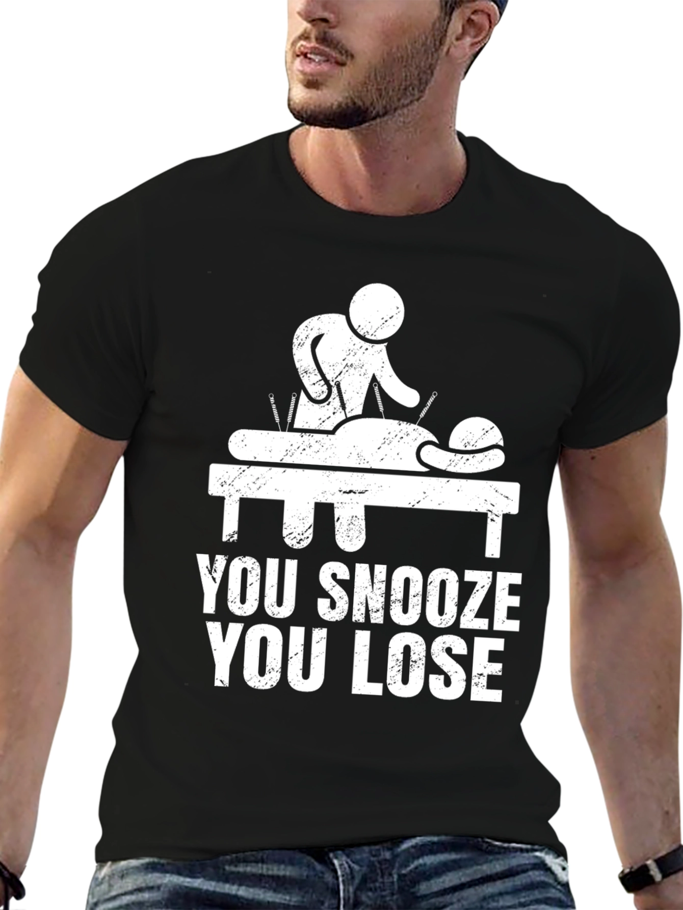 Black Acupuncture Funny Tee - You Snooze You Lose Black T-Shirt view 6