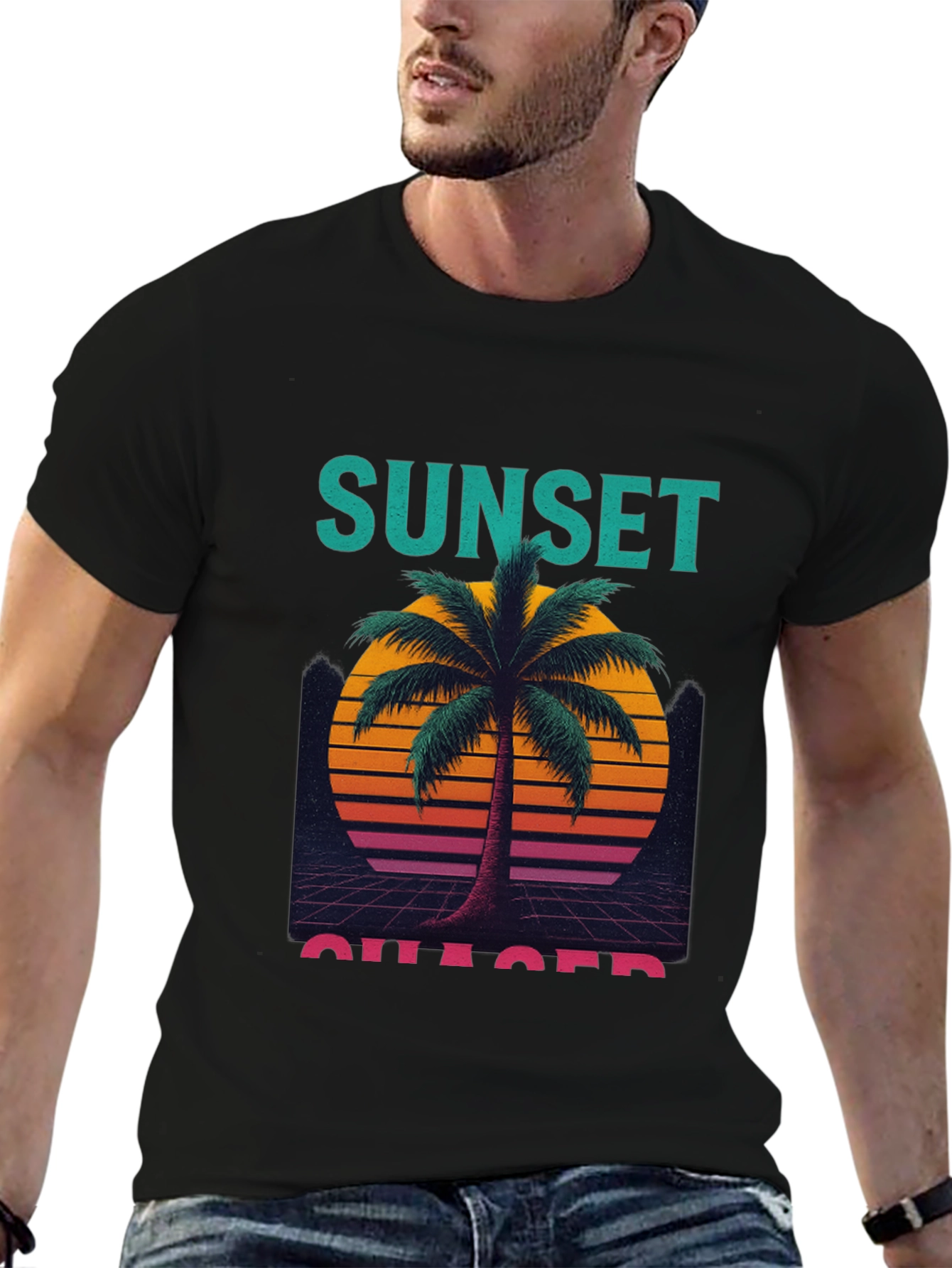 Black Sunset Chaser Graphic T-Shirt - Retro Palm Tree Design view 6