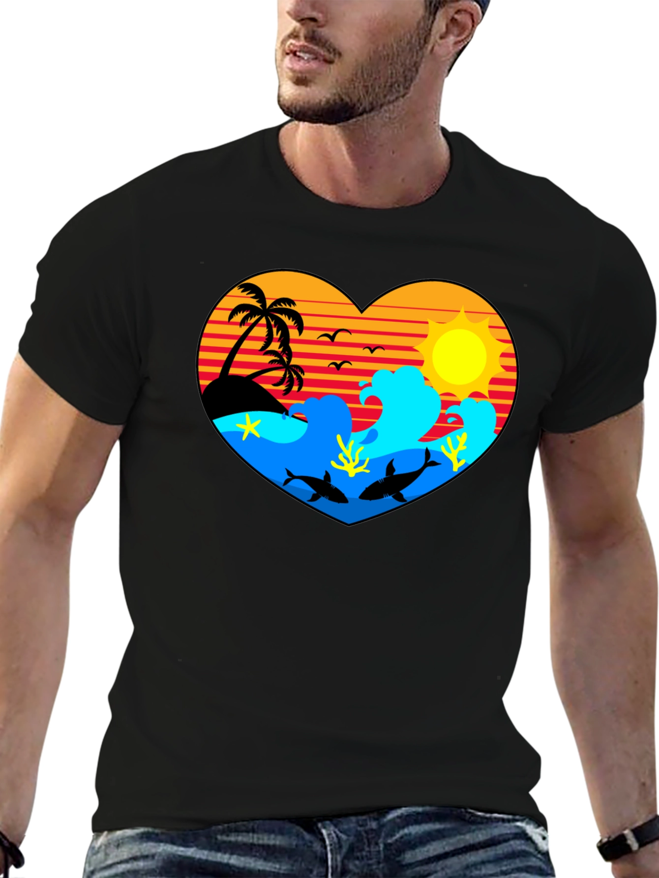 Tropical Heart Design Black T-Shirt - 6