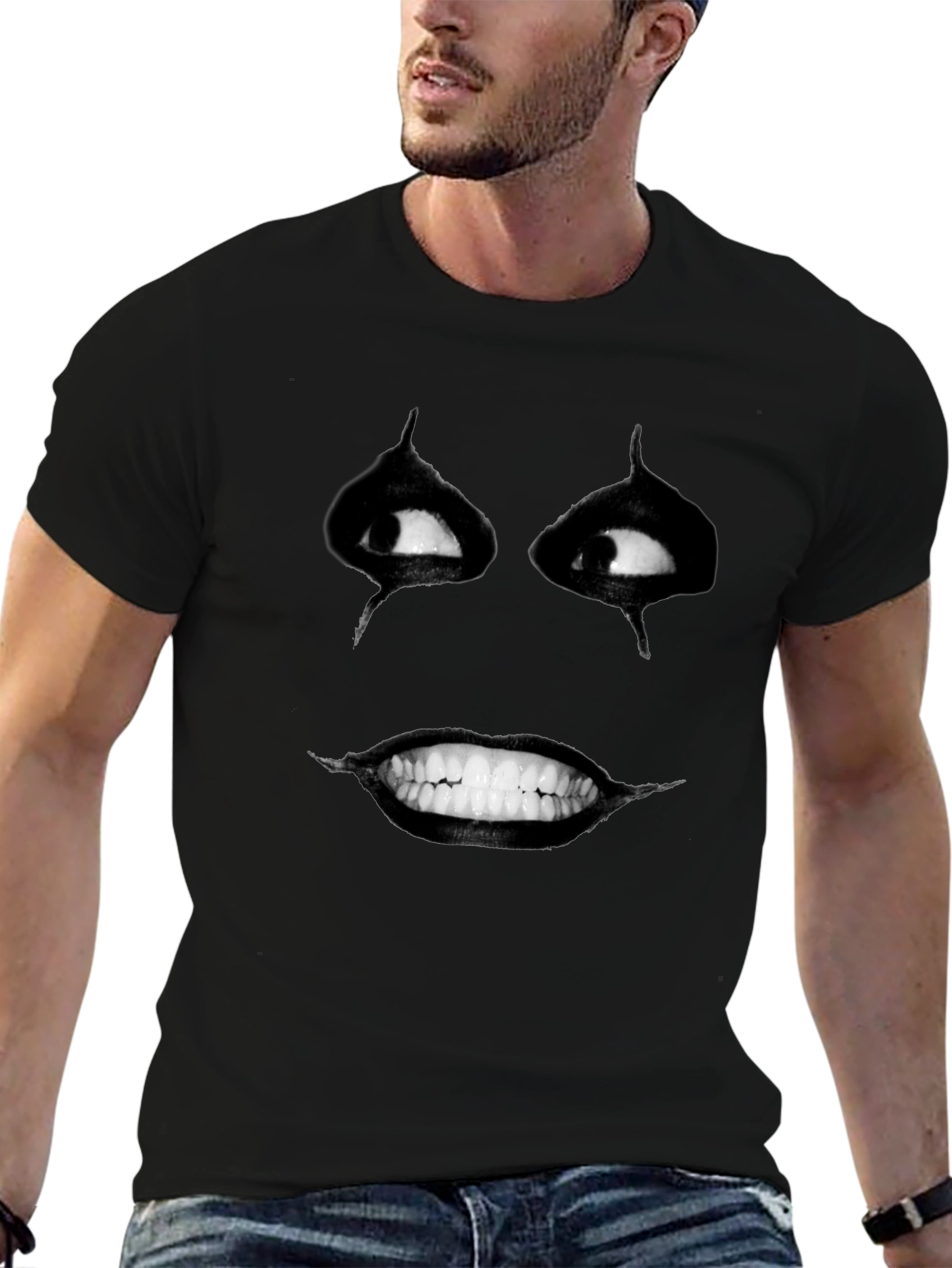 Black Creepy Smile Graphic Print Black T-Shirt view 6