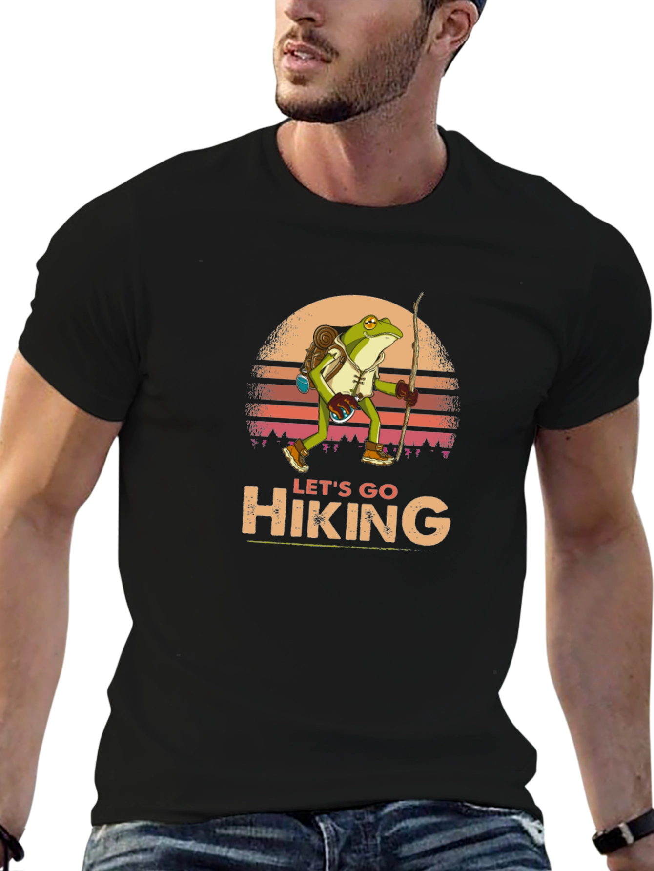 Black Let's Go Hiking Frog Graphic T-Shirt view 6