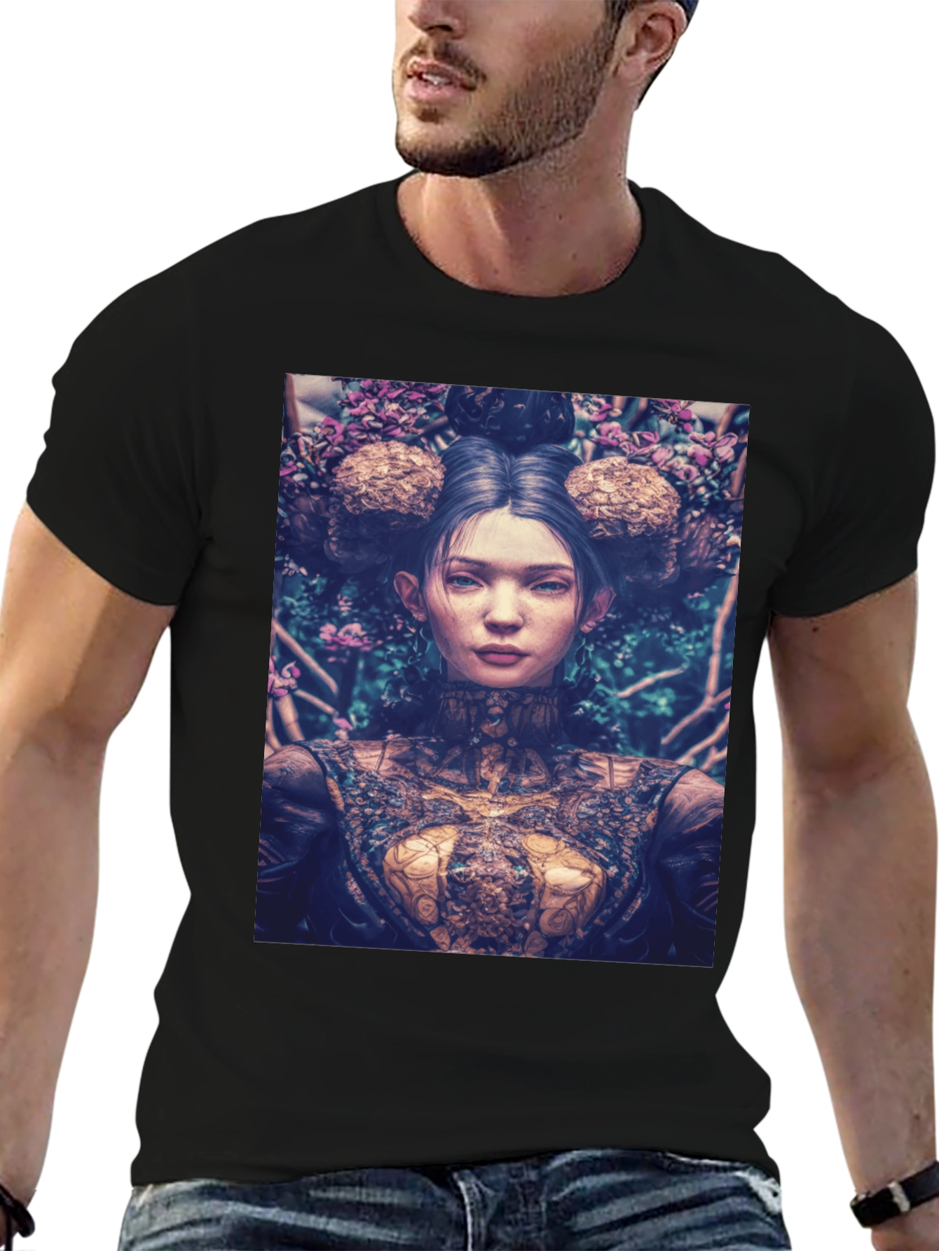 Black Artistic Floral Portrait Graphic Tee - Black view 6