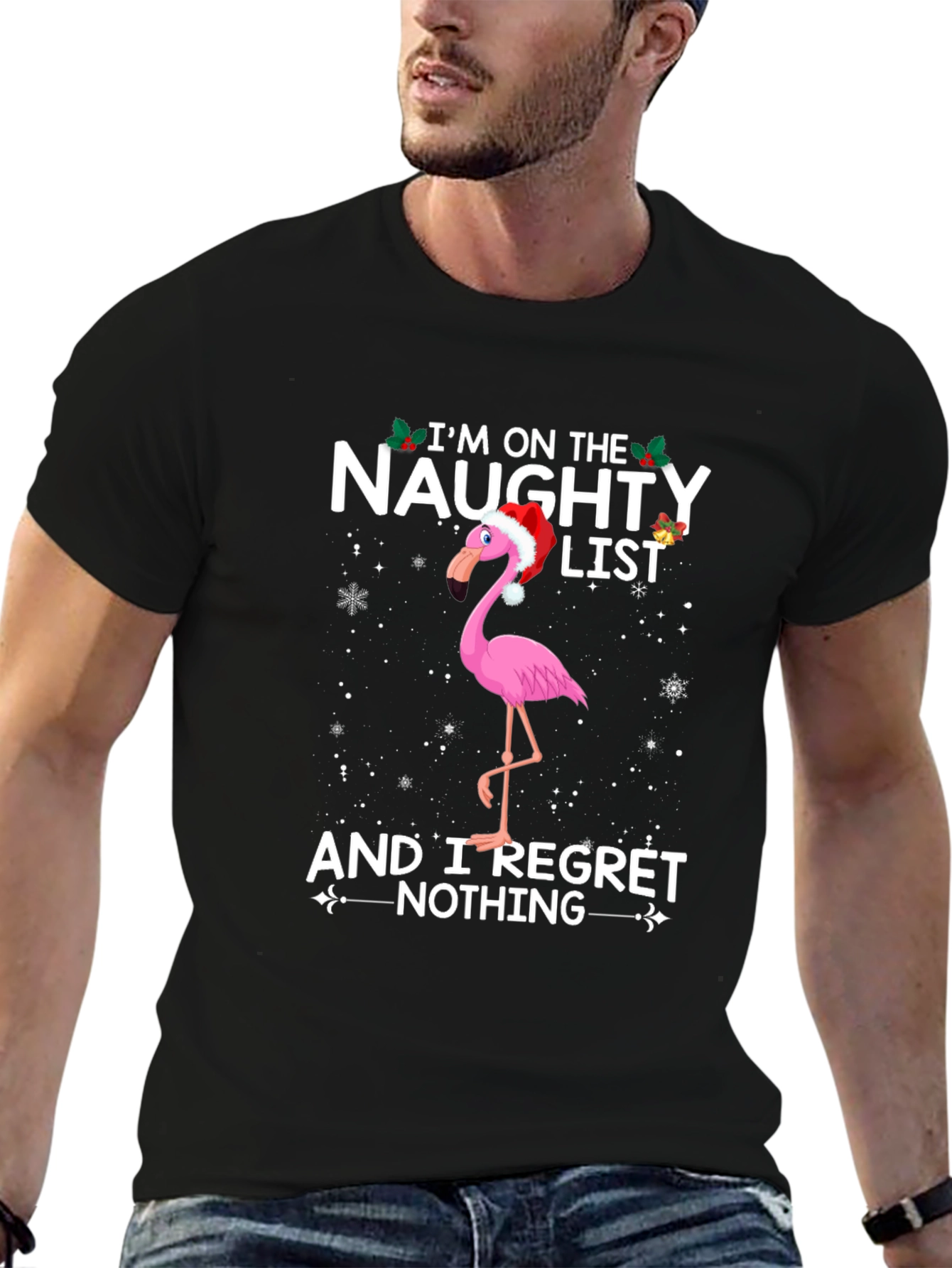 Black Naughty List Flamingo T-Shirt - Funny Holiday Graphic Tee view 6